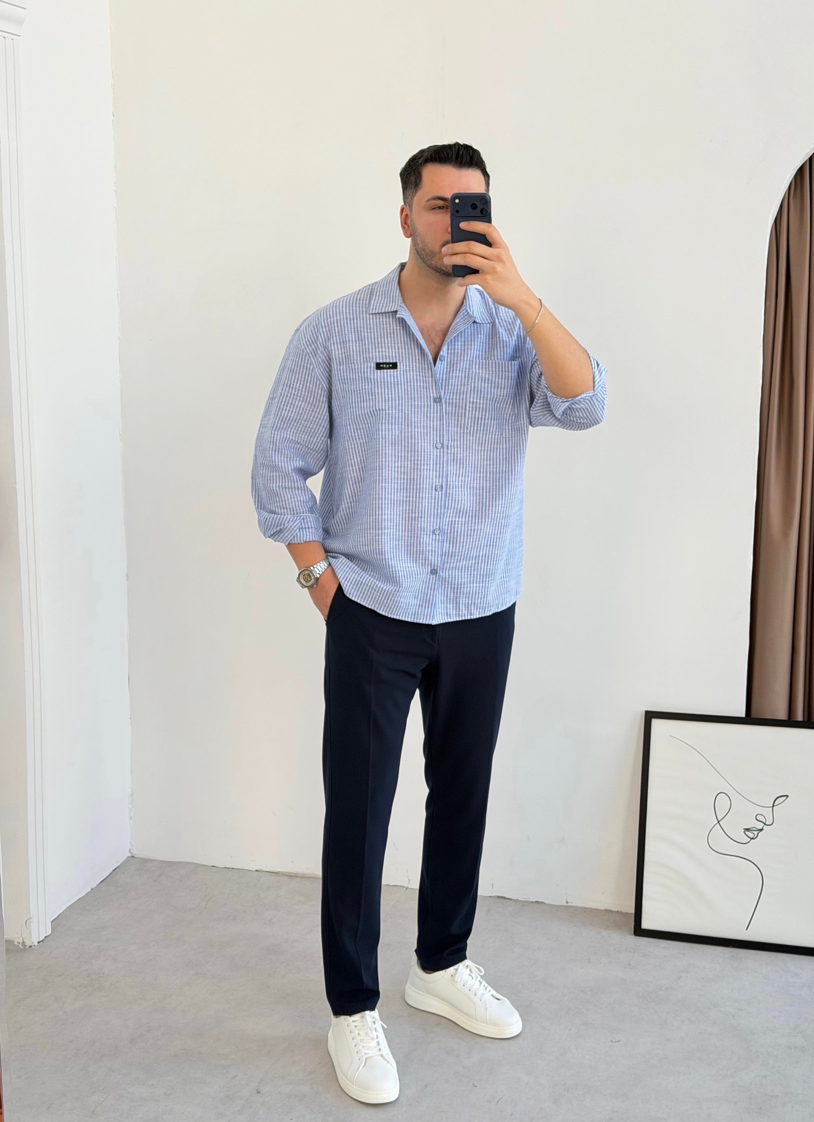 Kaen Cepli Mavi Çizgili Oversize Gömlek