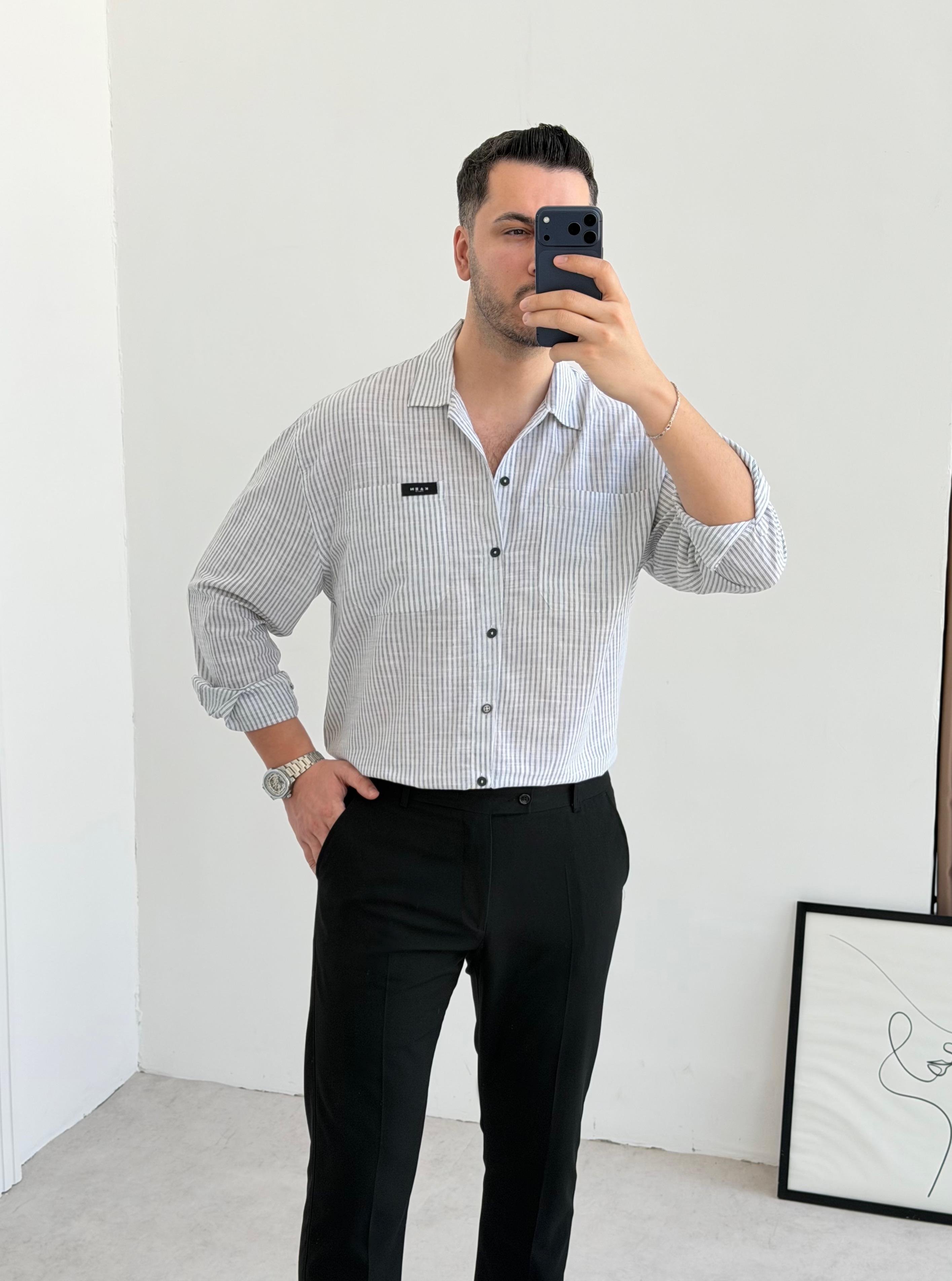 Kaen Cepli Siyah Çizgili Oversize Gömlek