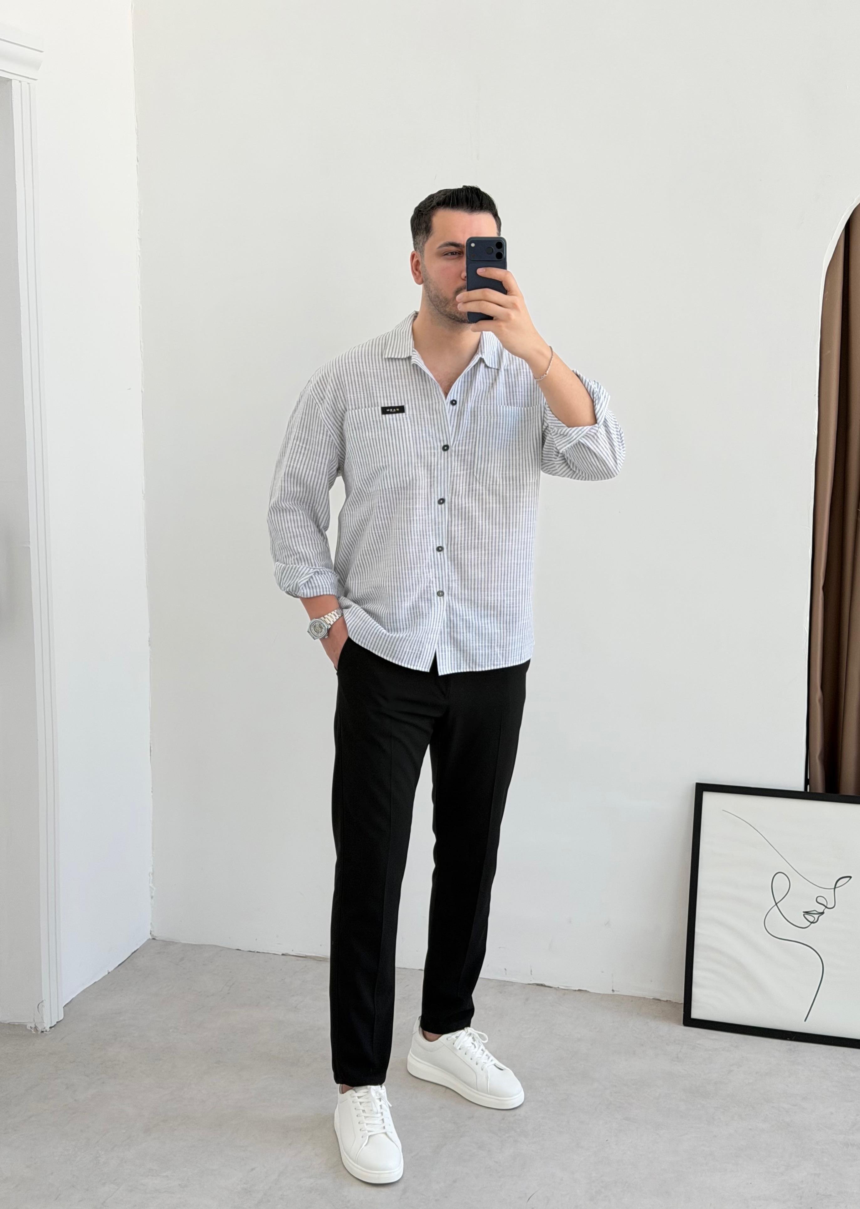 Kaen Cepli Siyah Çizgili Oversize Gömlek