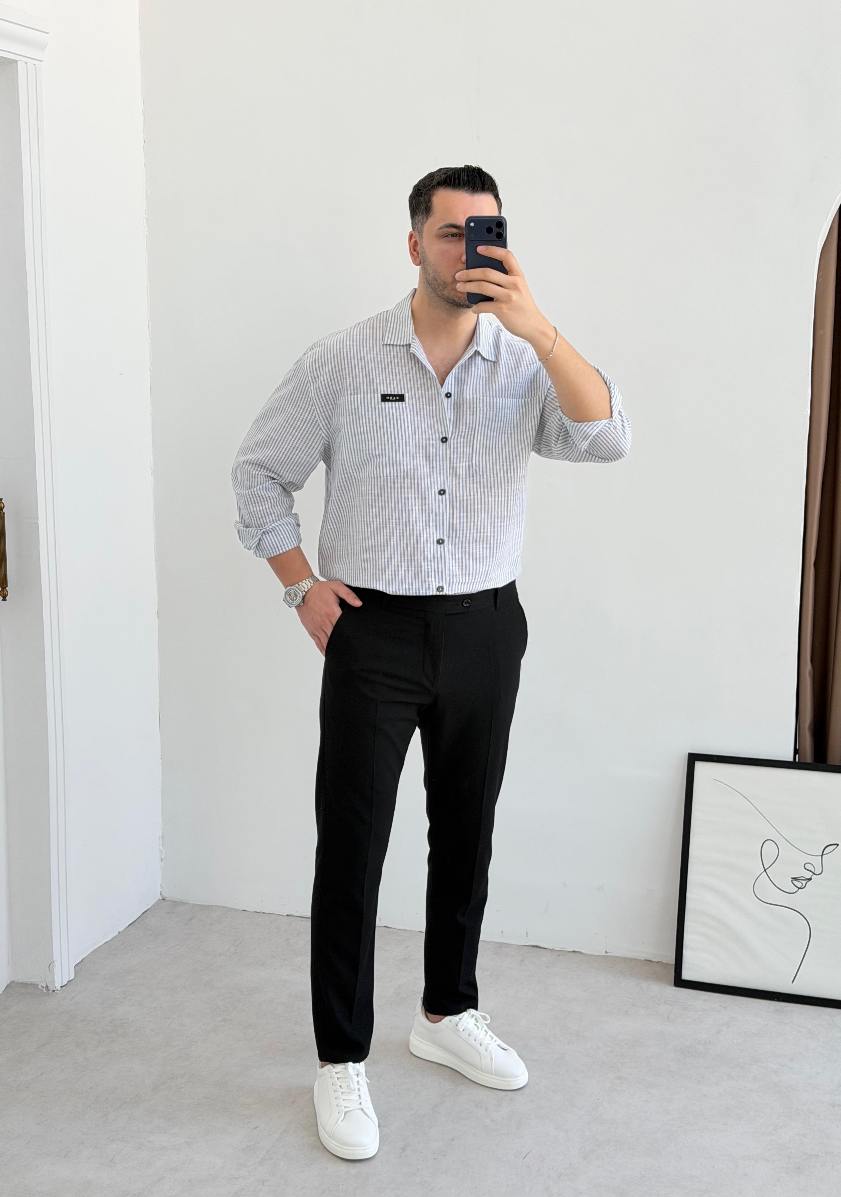 Kaen Cepli Siyah Çizgili Oversize Gömlek