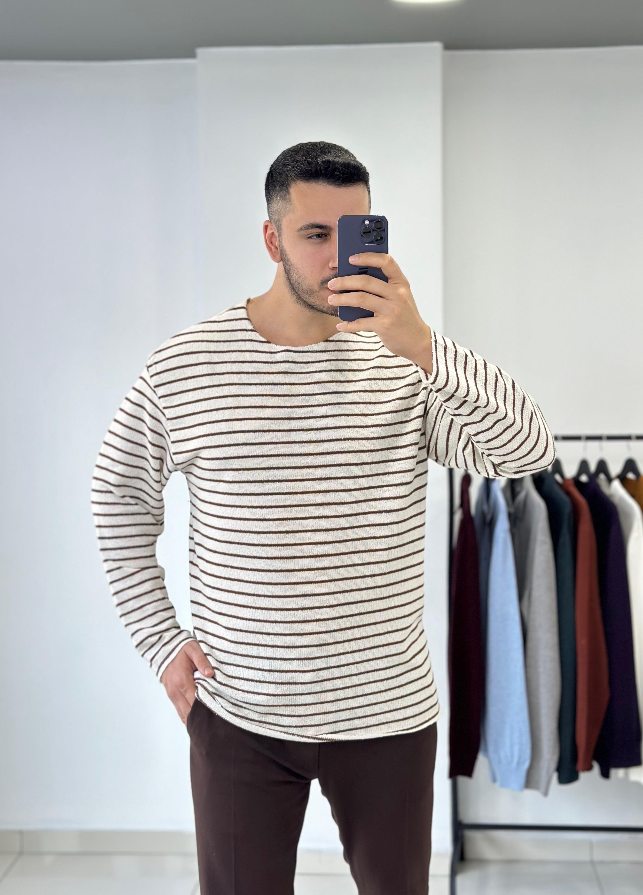Kahve Çizgili Örme Triko