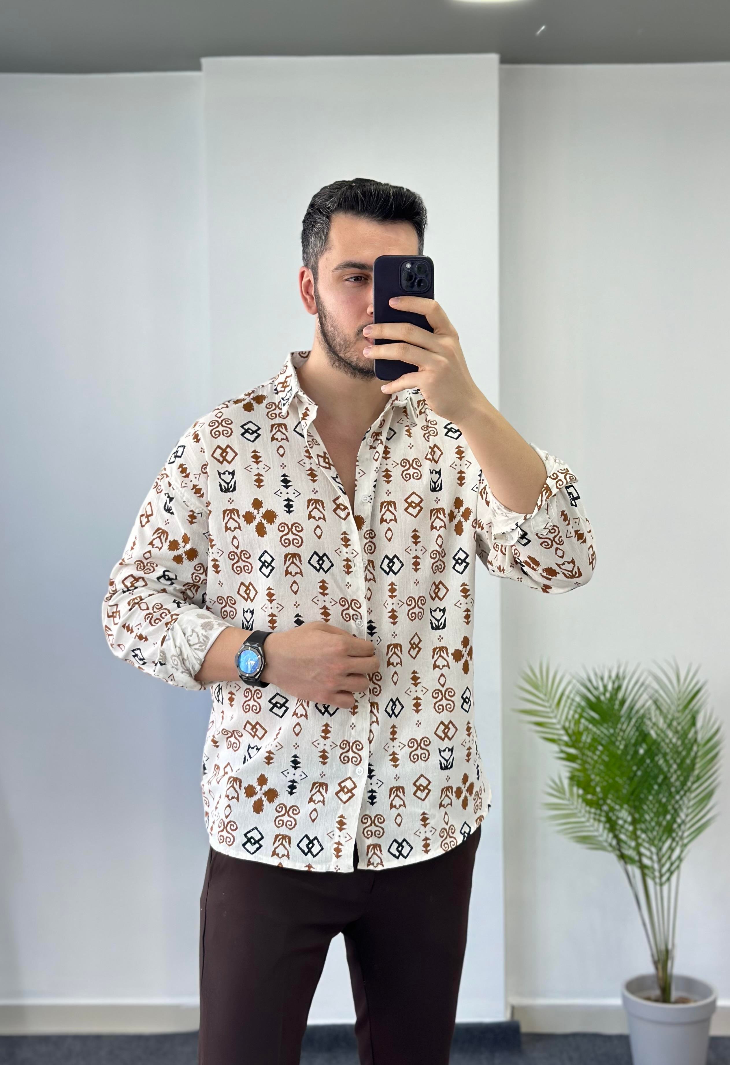 Kahve Desen Oversize Keten Gömlek