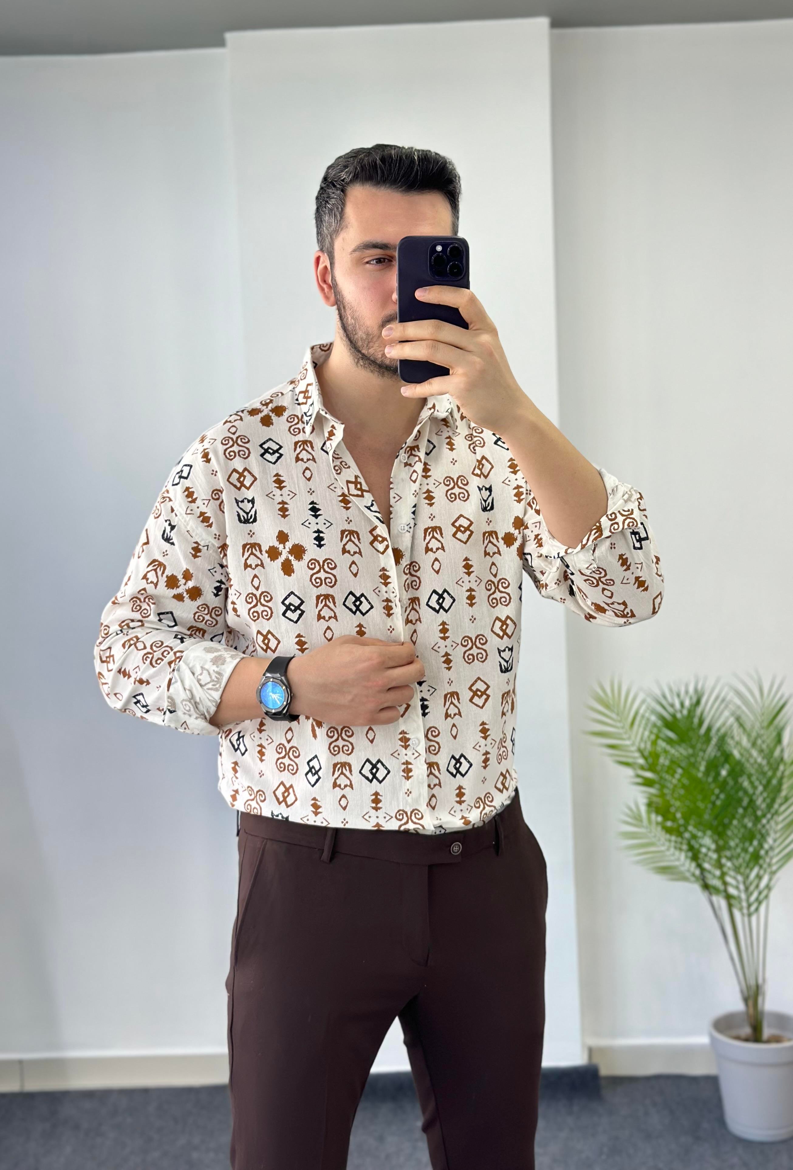 Kahve Desen Oversize Keten Gömlek