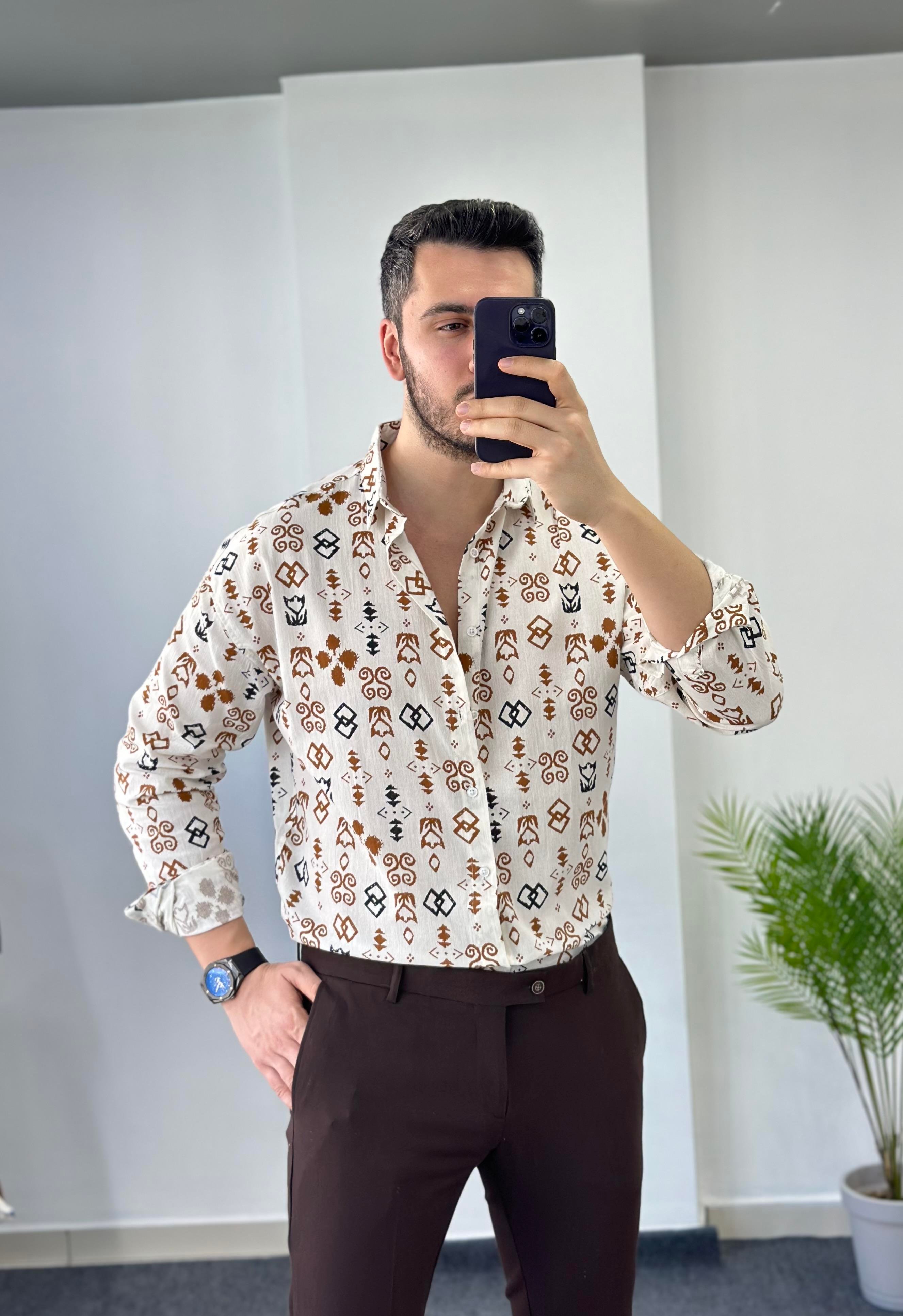 Kahve Desen Oversize Keten Gömlek