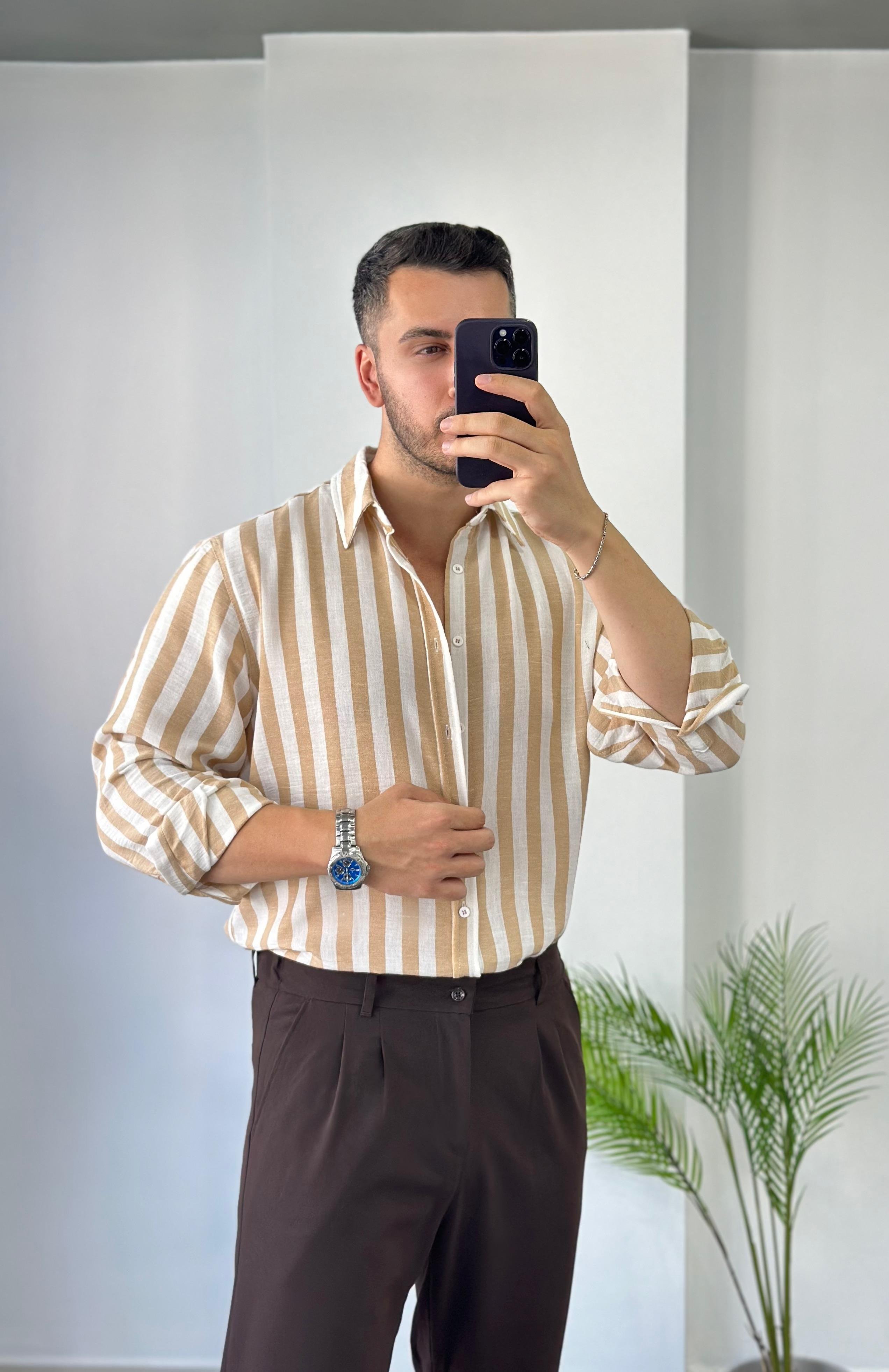 Kahve Geniş Çizgili Oversize Keten Gömlek