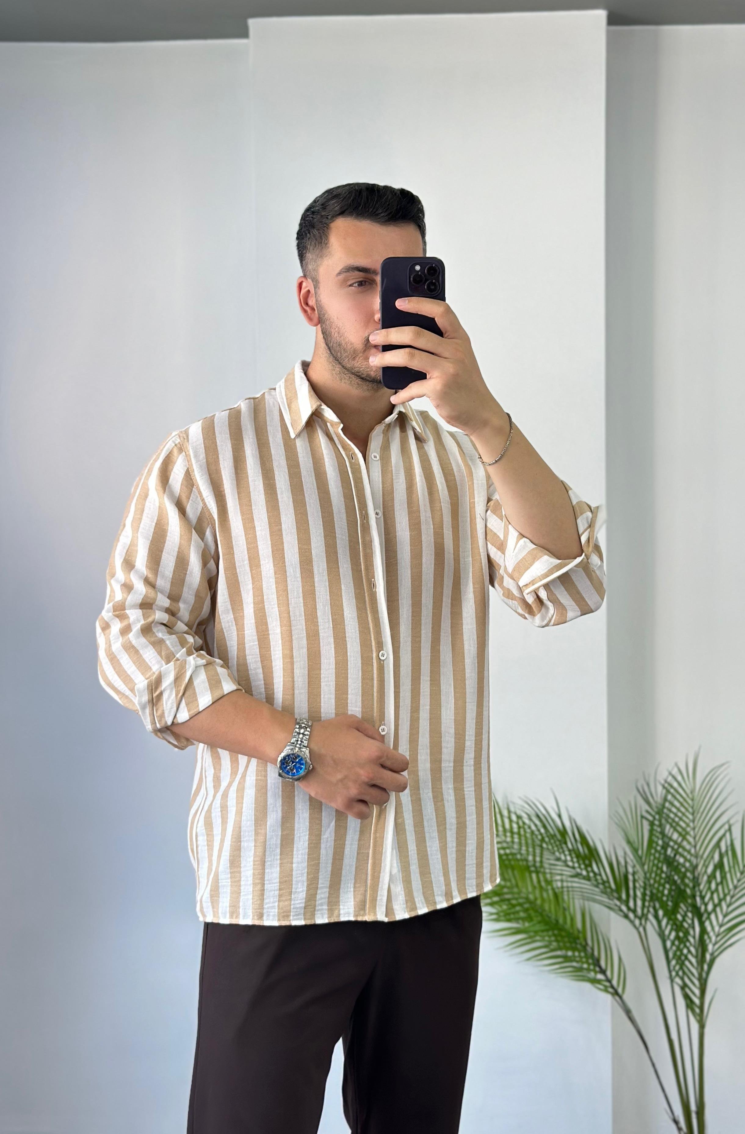 Kahve Geniş Çizgili Oversize Keten Gömlek
