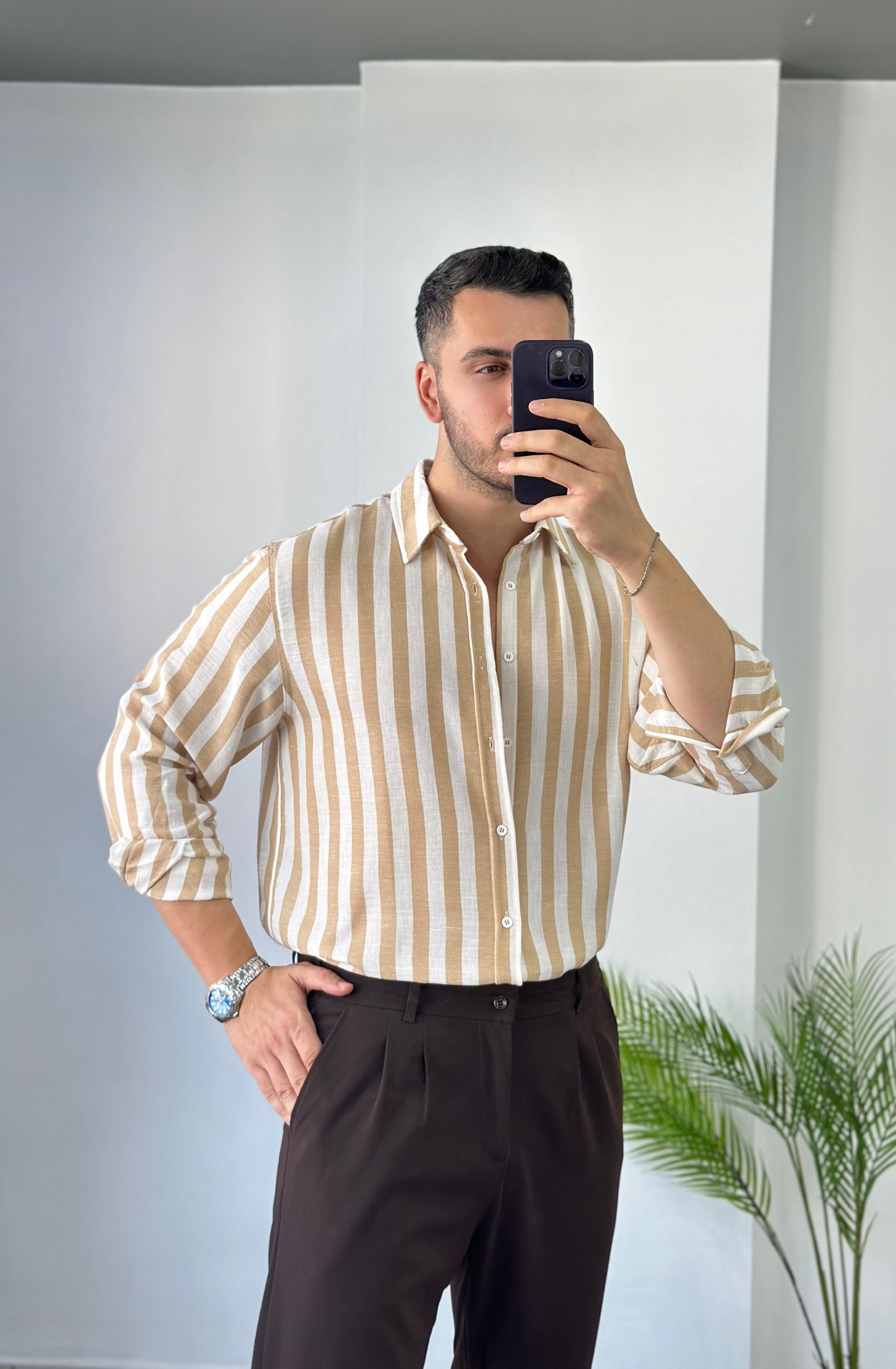 Kahve Geniş Çizgili Oversize Keten Gömlek