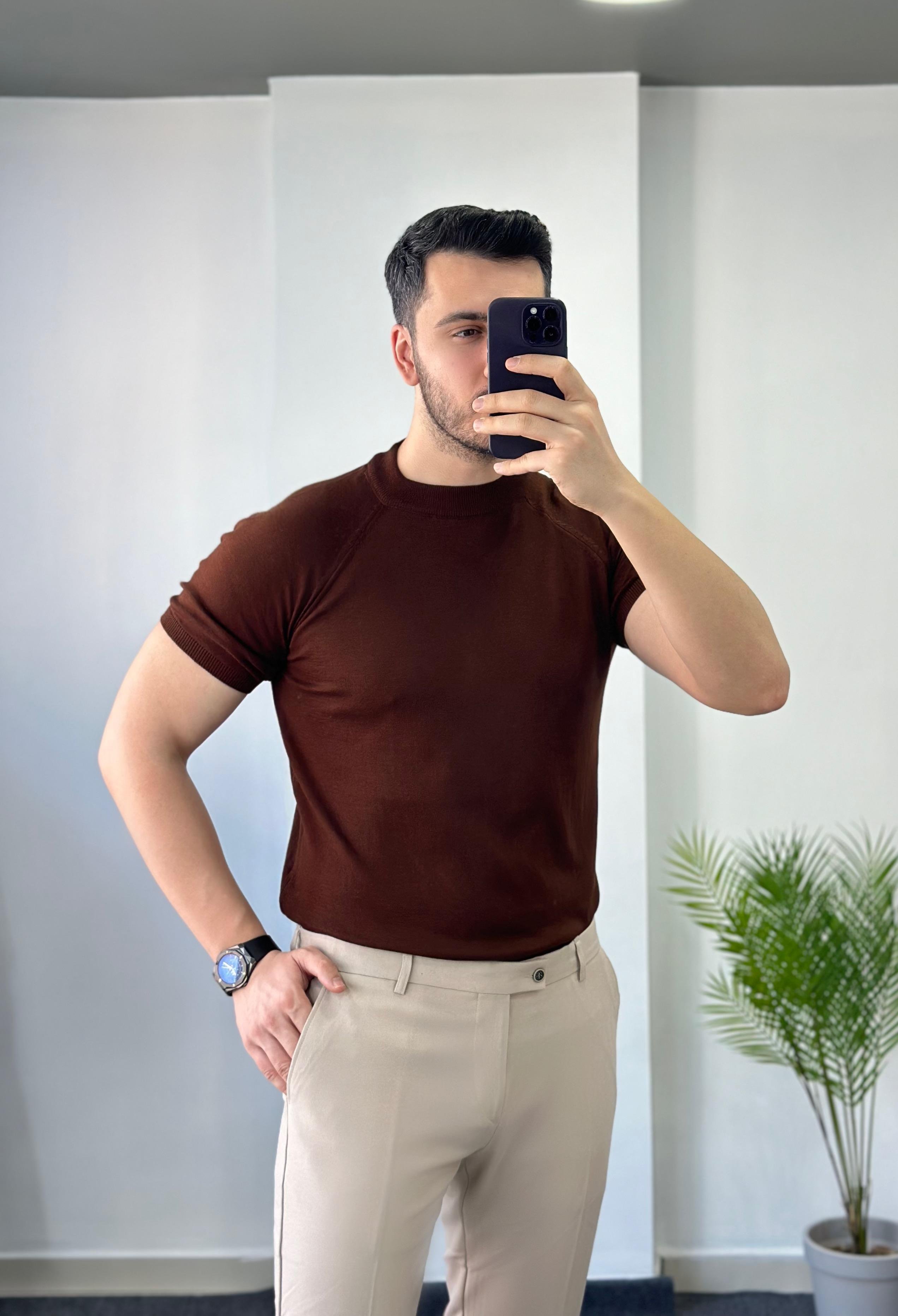 Kahve Reglan Kol Triko Tişört 