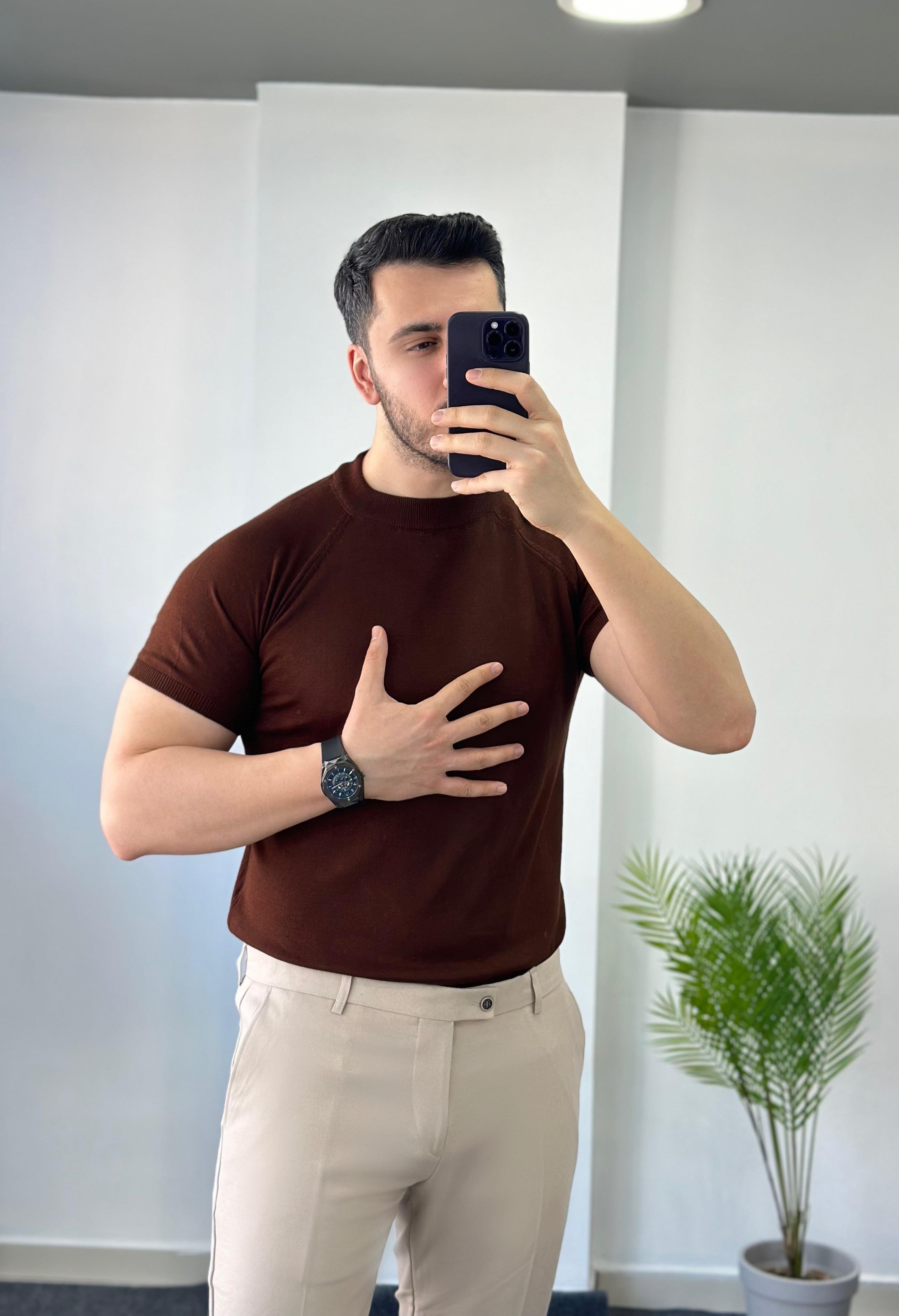Kahve Reglan Kol Triko Tişört 