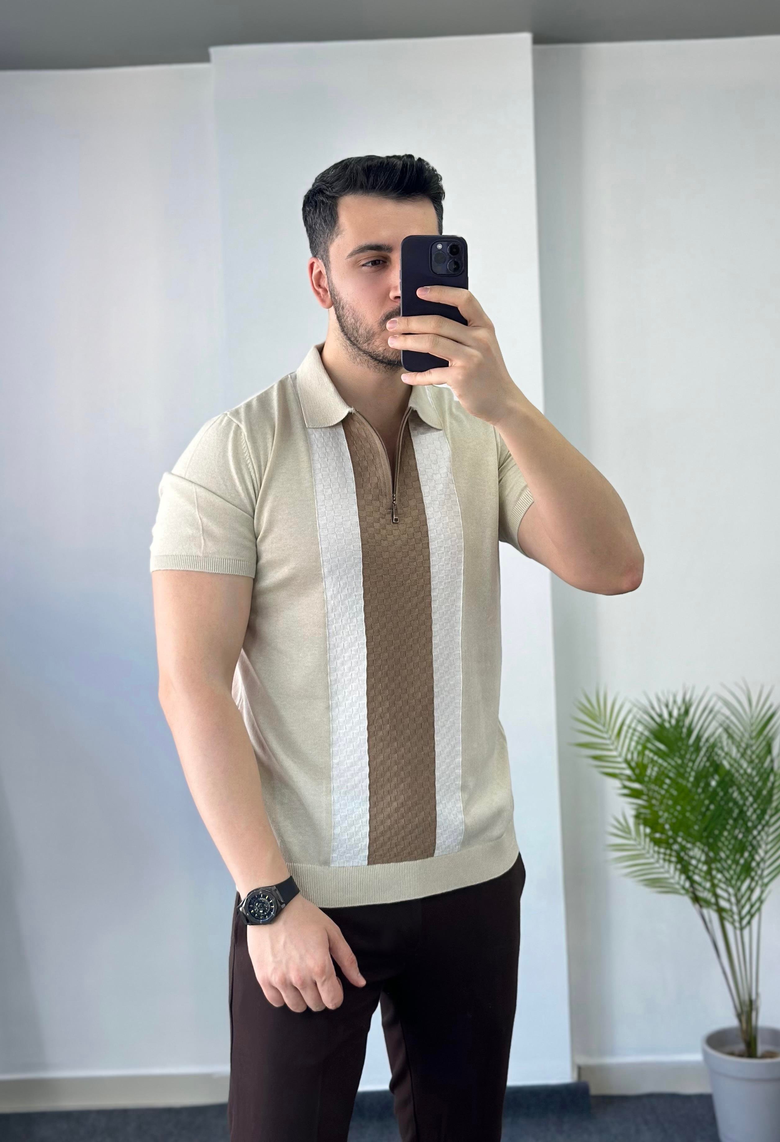 Kahve Şerit Detay Krem Fermuarlı Triko Tişört 