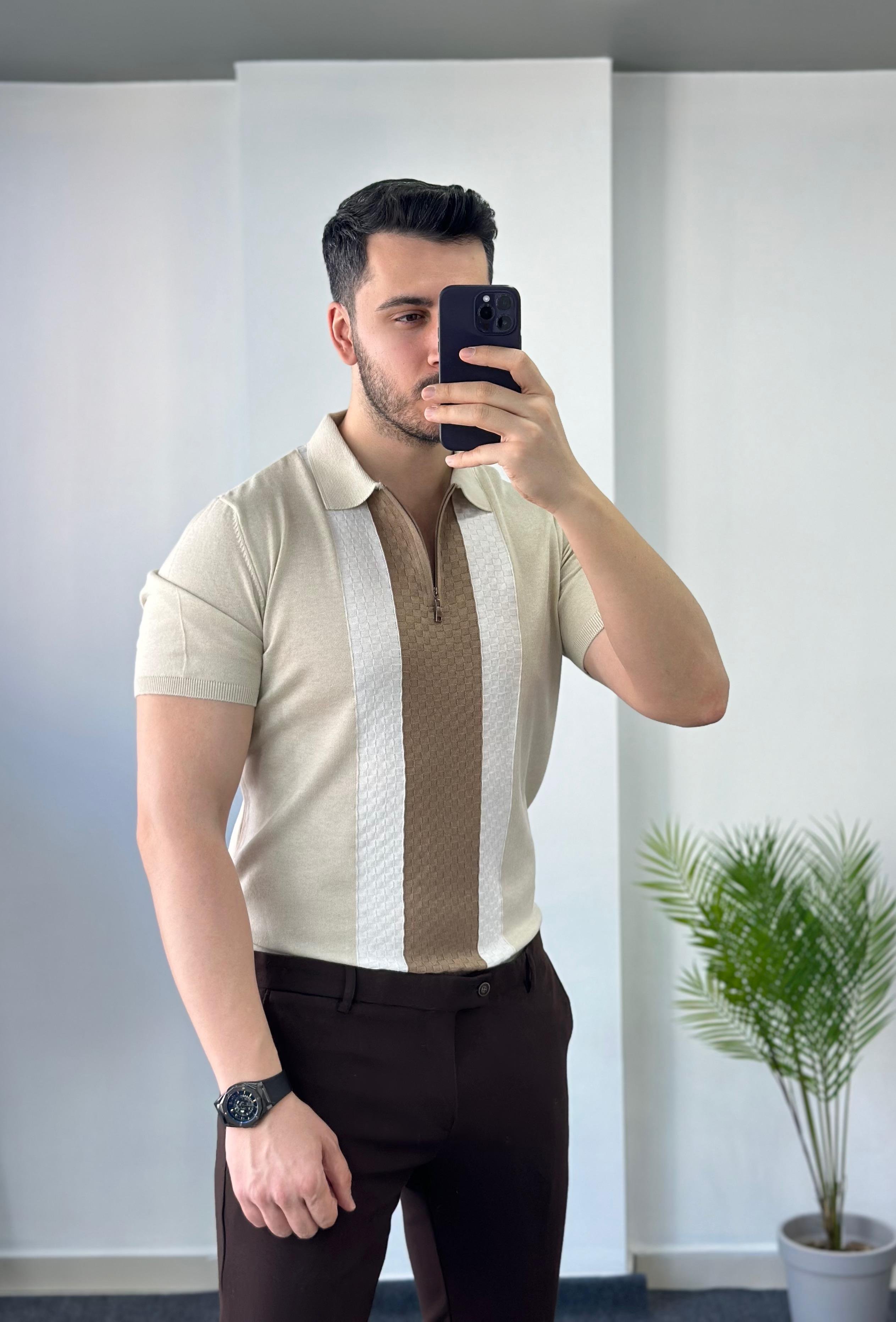 Kahve Şerit Detay Krem Fermuarlı Triko Tişört 