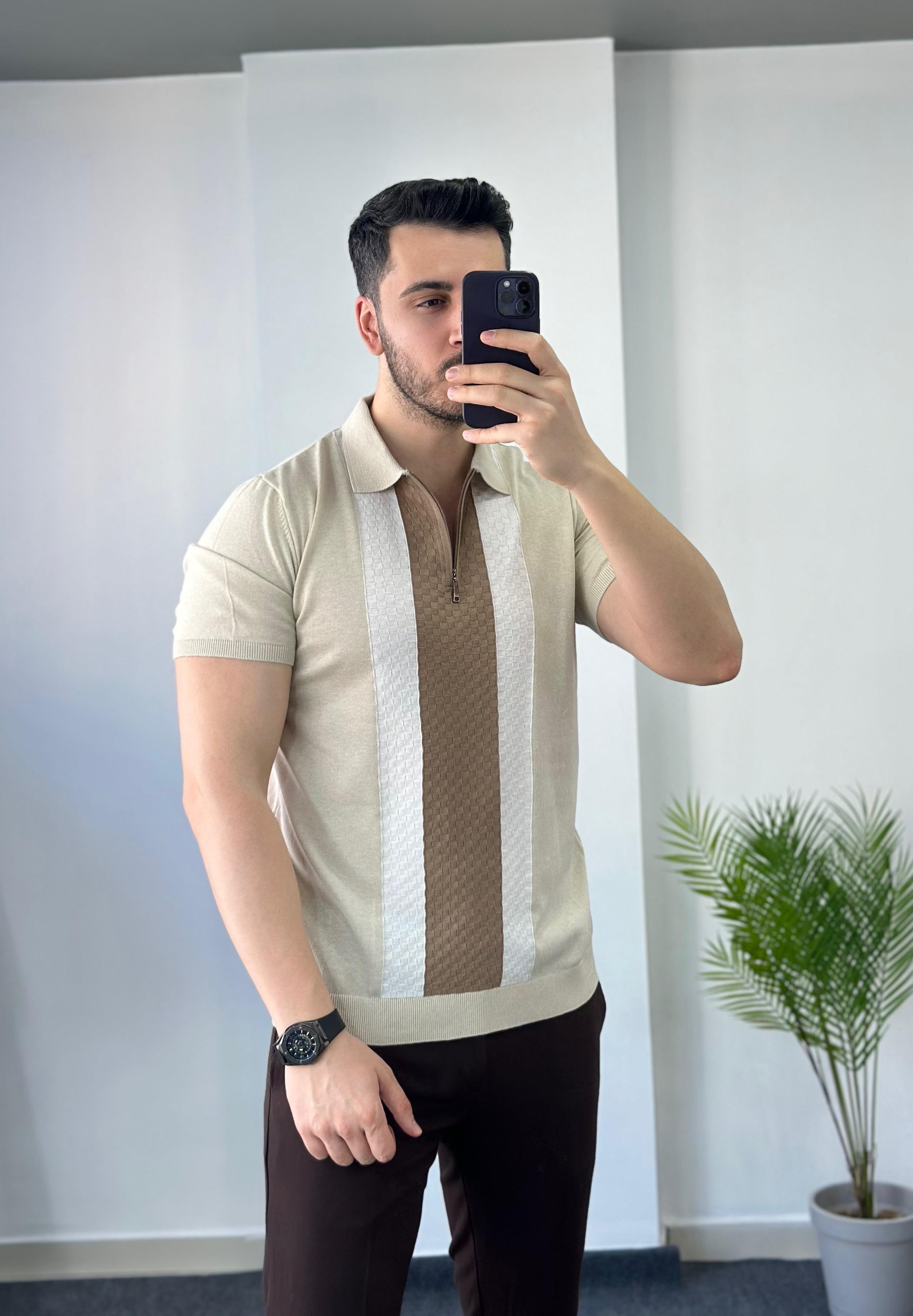 Kahve Şerit Detay Krem Fermuarlı Triko Tişört 