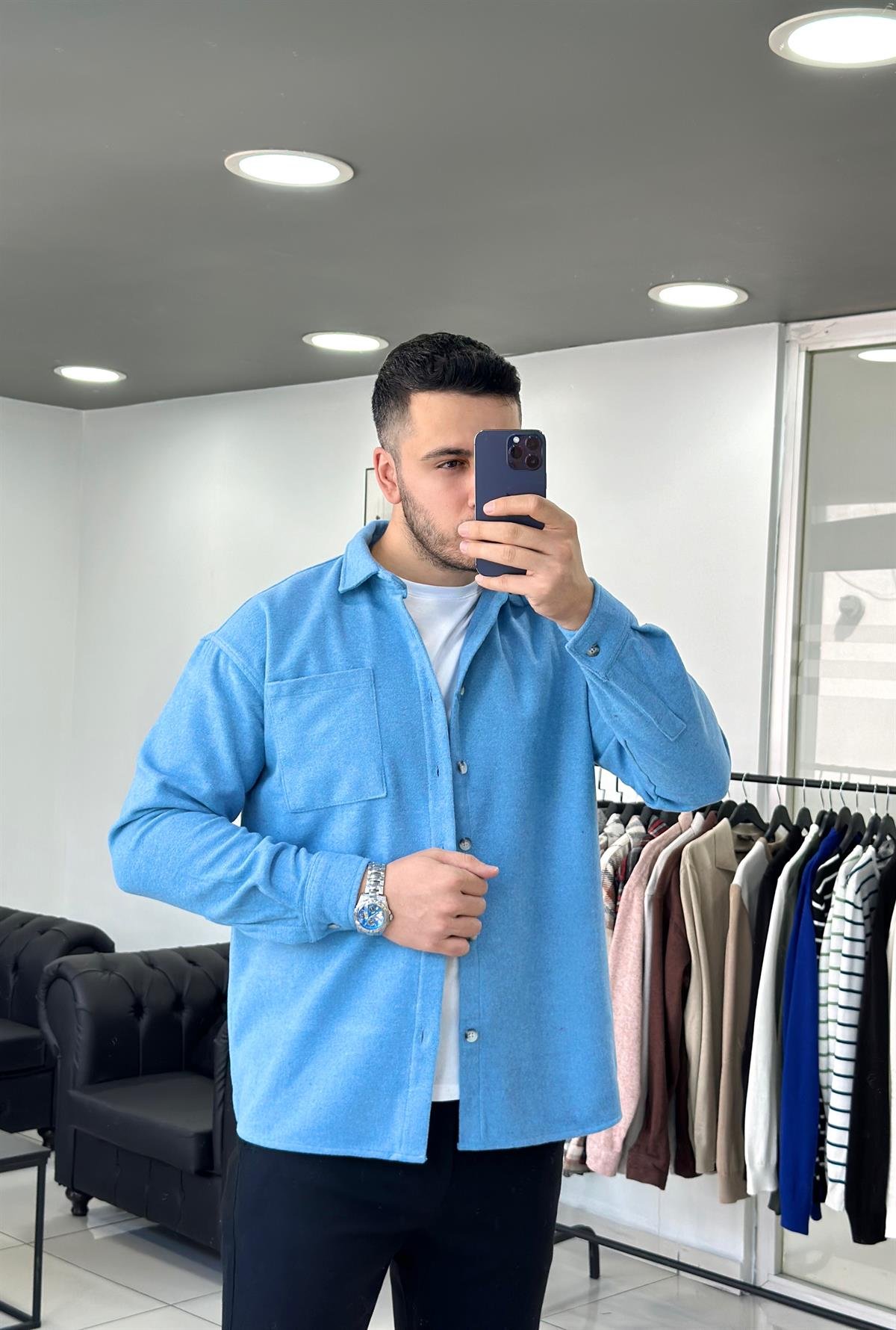 Kaşe Mavi Oversize Ceket Gömlek