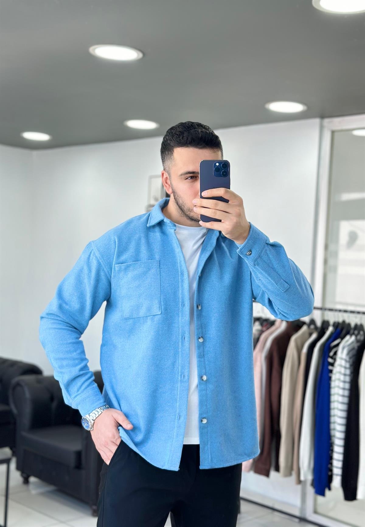 Kaşe Mavi Oversize Ceket Gömlek