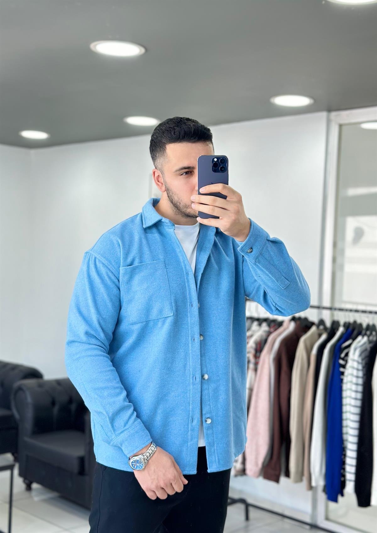 Kaşe Mavi Oversize Ceket Gömlek