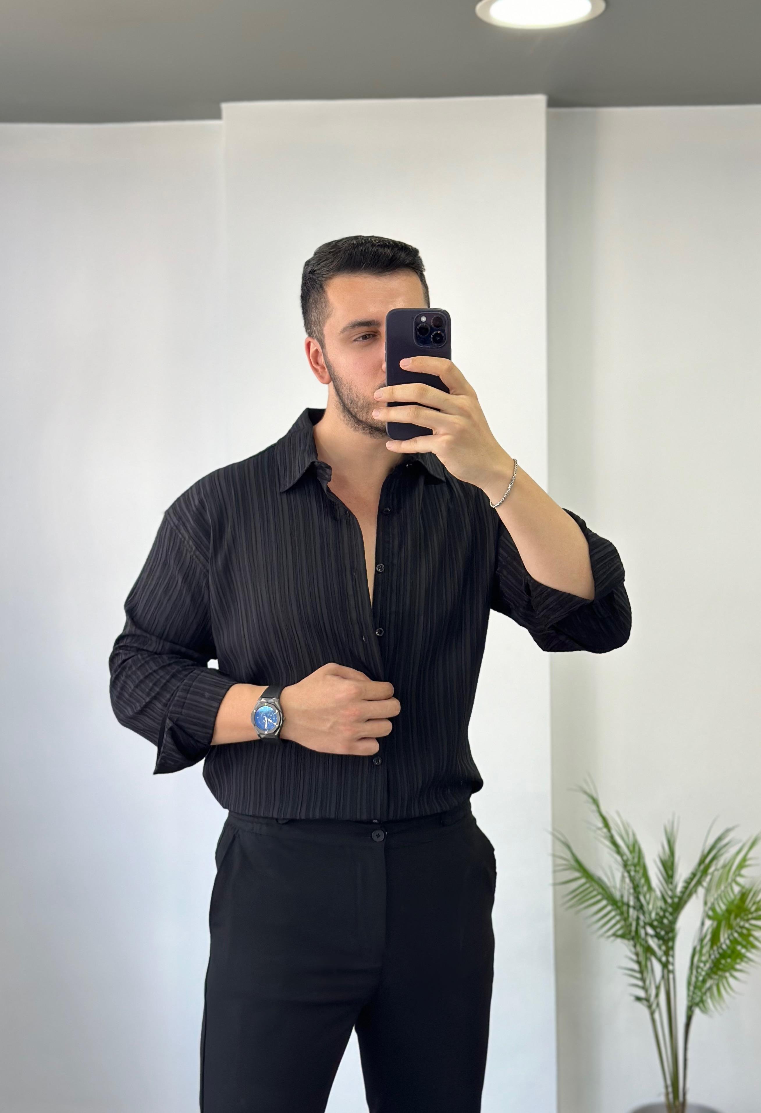 Kendiliğinden Desenli Siyah Oversize Keten Gömlek