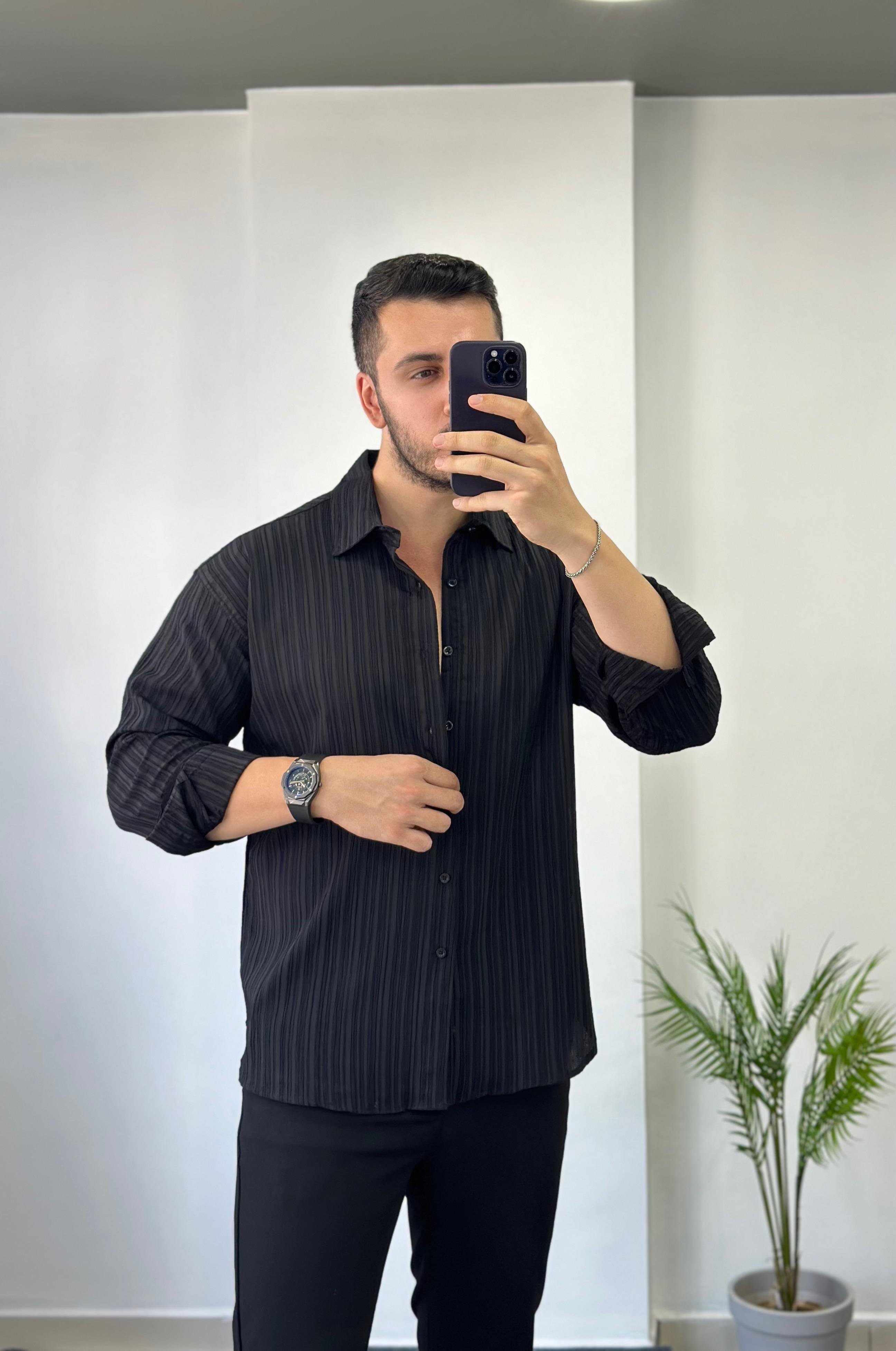 Kendiliğinden Desenli Siyah Oversize Keten Gömlek