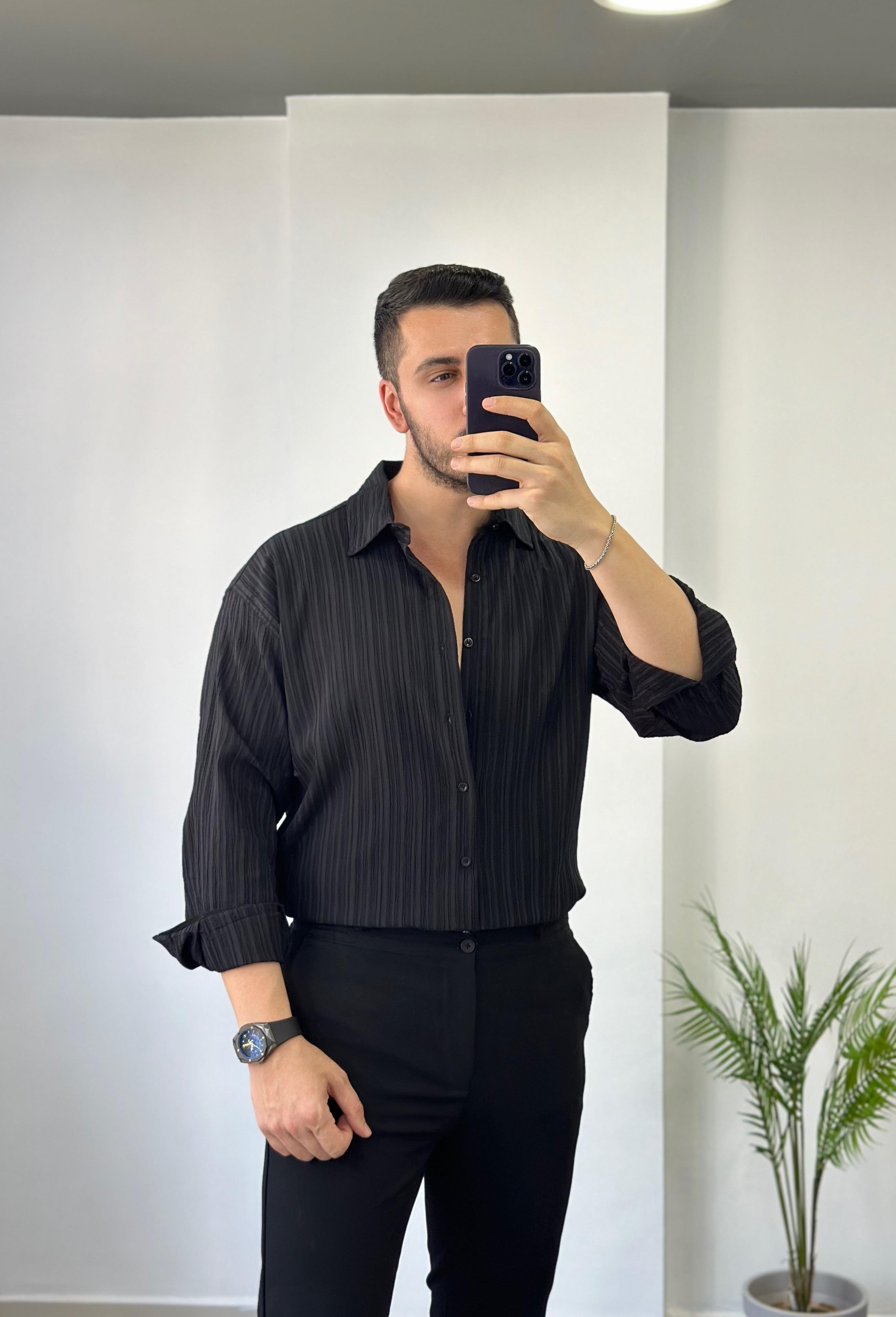 Kendiliğinden Desenli Siyah Oversize Keten Gömlek