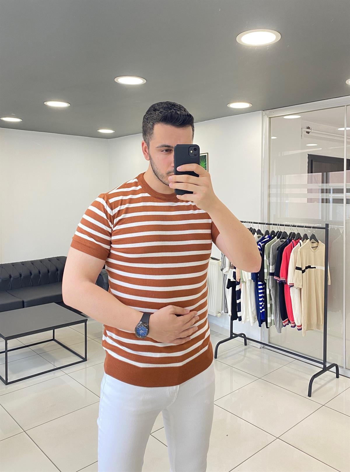 Kiremit Çizgili Örme Triko Tişört