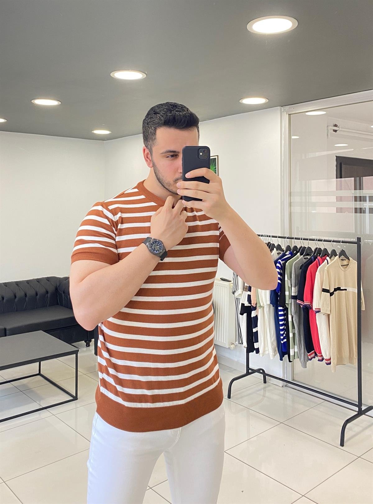 Kiremit Çizgili Örme Triko Tişört