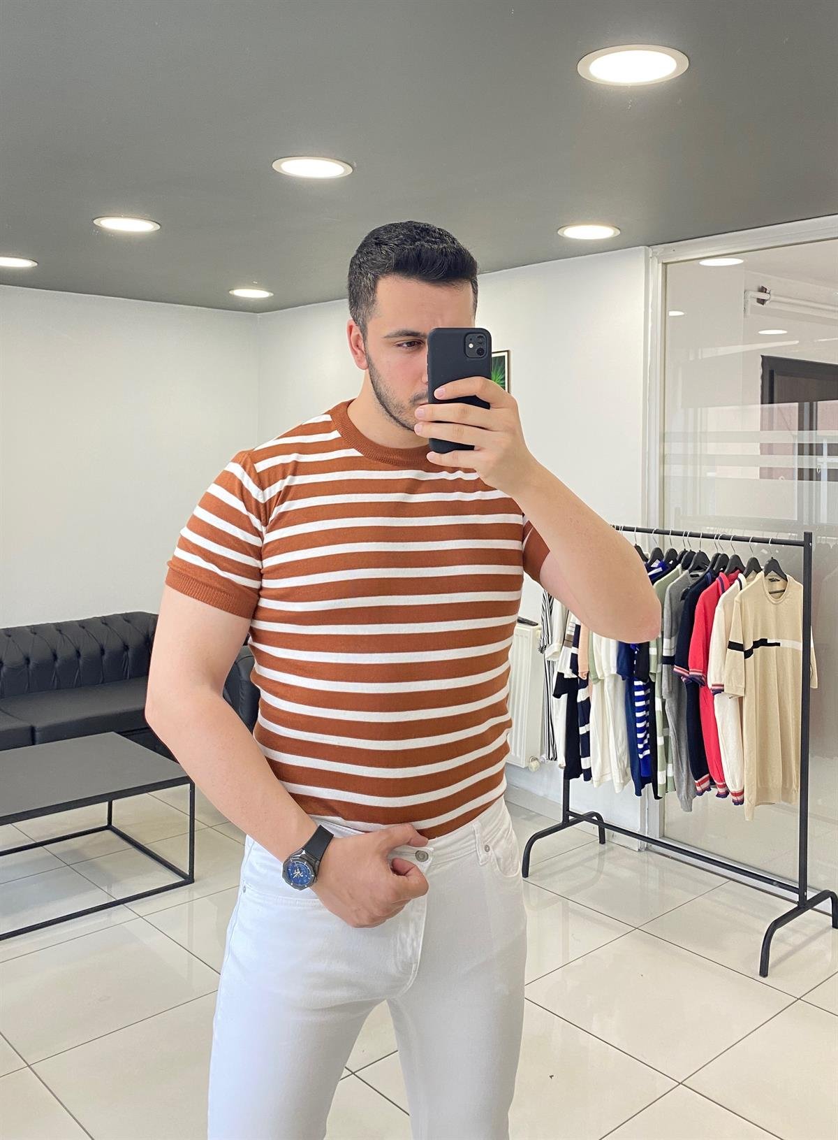 Kiremit Çizgili Örme Triko Tişört