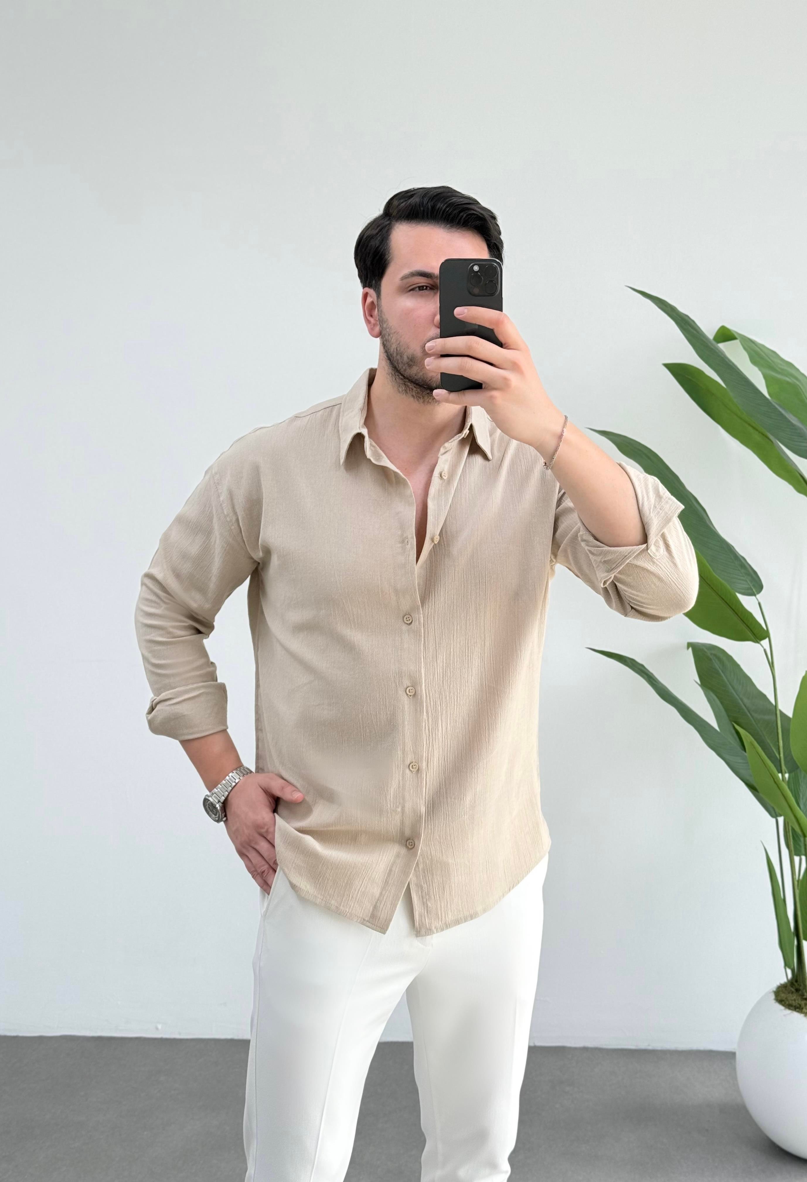 Kırınkıl Bej Oversize Keten Gömlek 