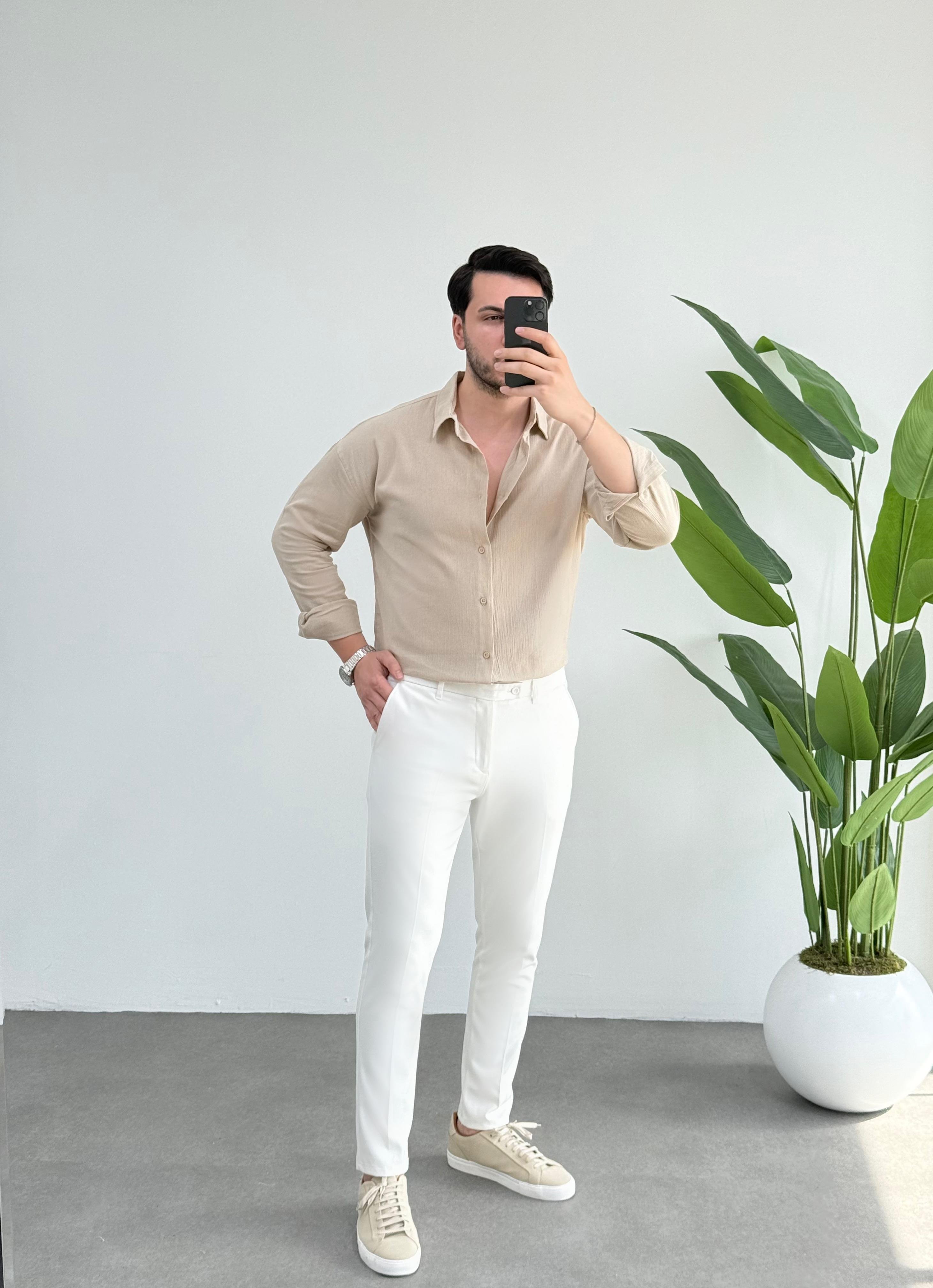 Kırınkıl Bej Oversize Keten Gömlek 
