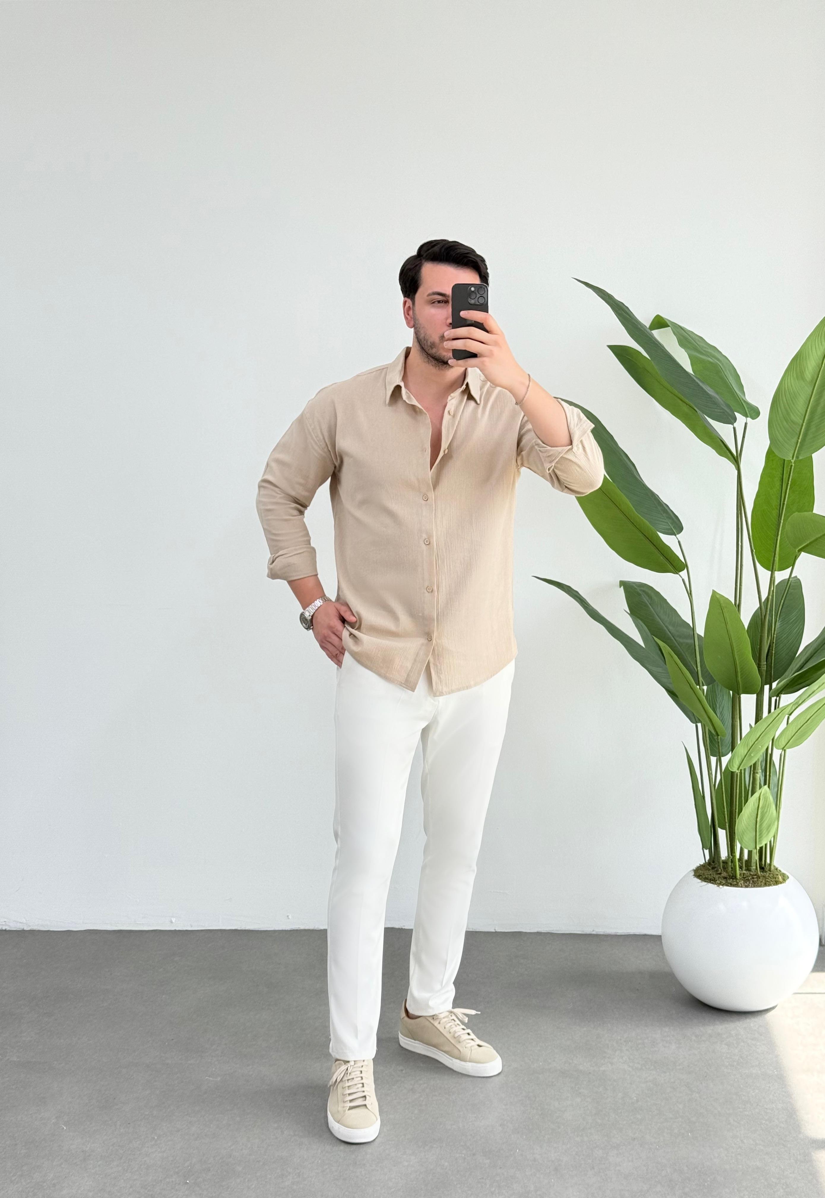 Kırınkıl Bej Oversize Keten Gömlek 