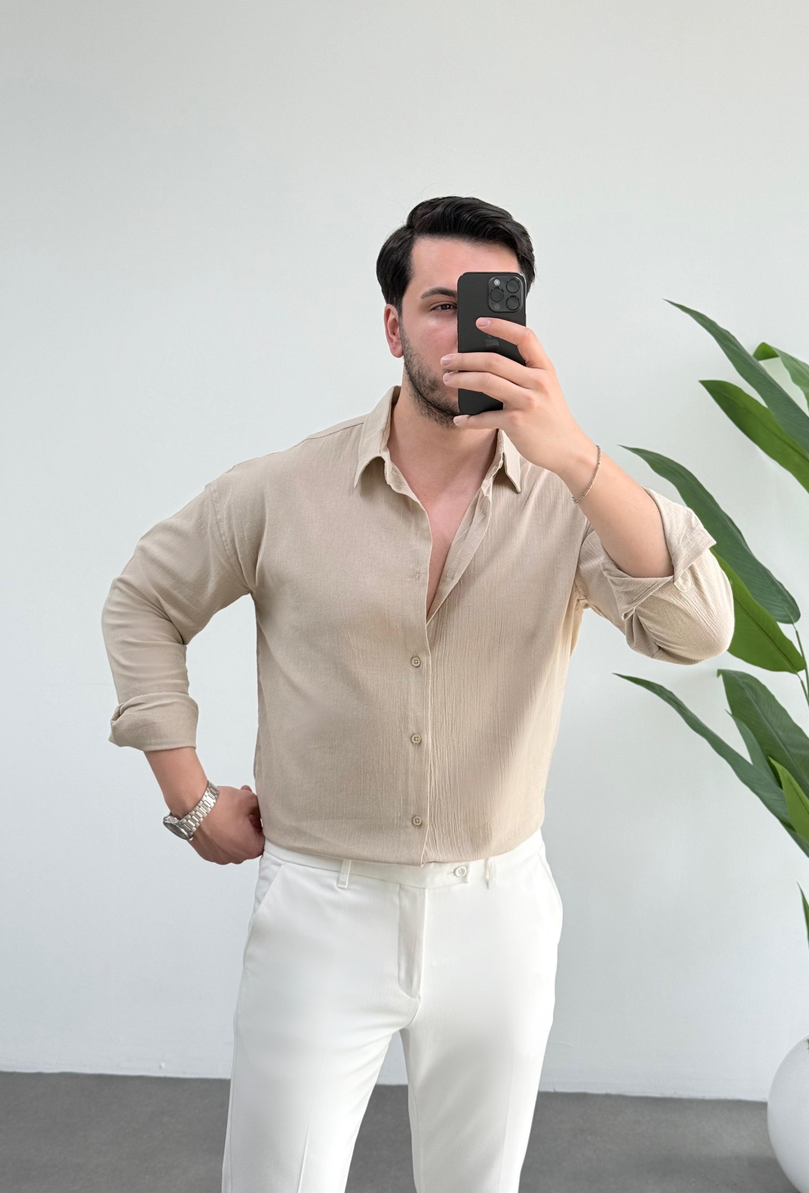Kırınkıl Bej Oversize Keten Gömlek 
