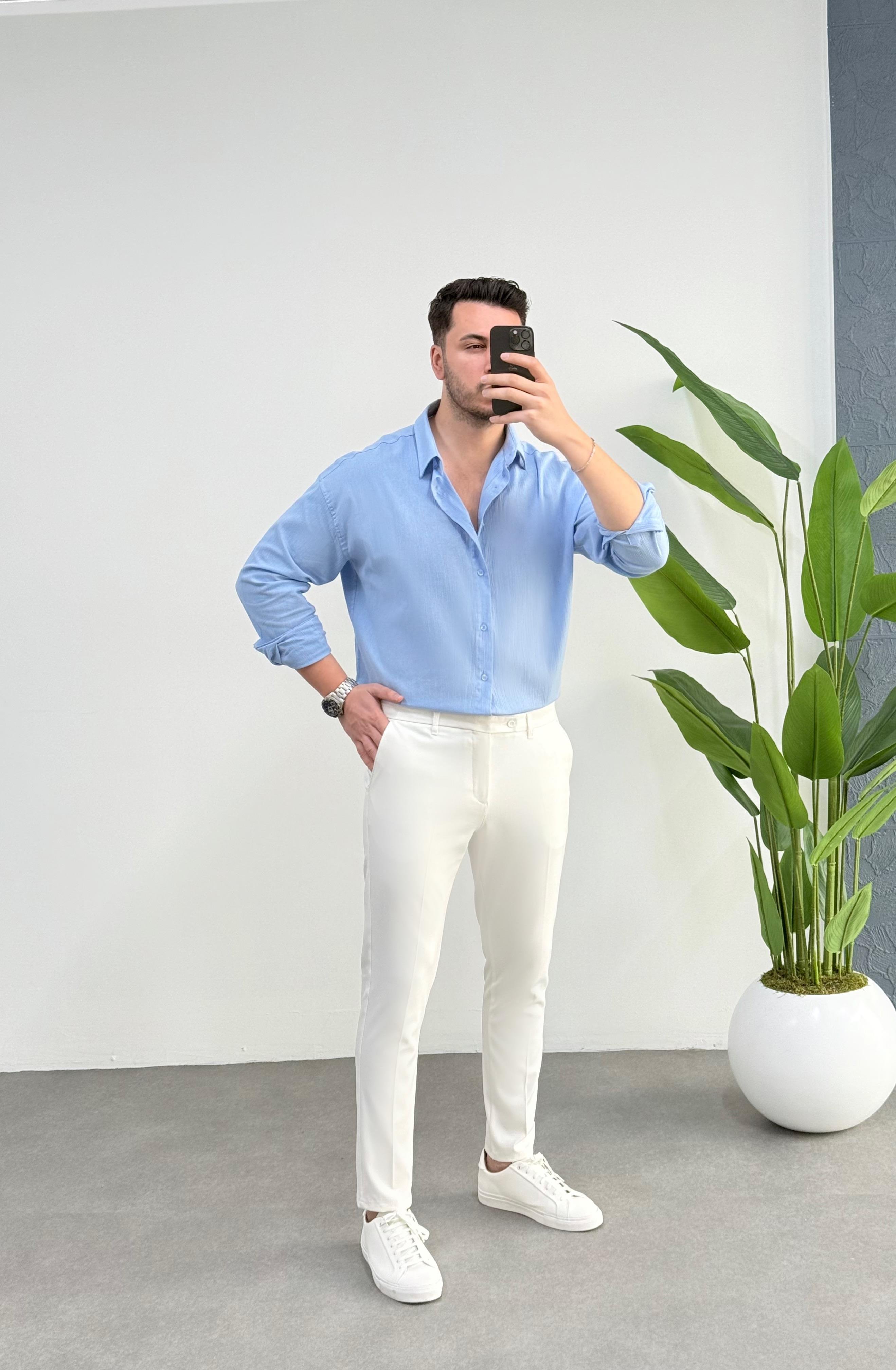 Kırınkıl Buz Mavisi Oversize Keten Gömlek 