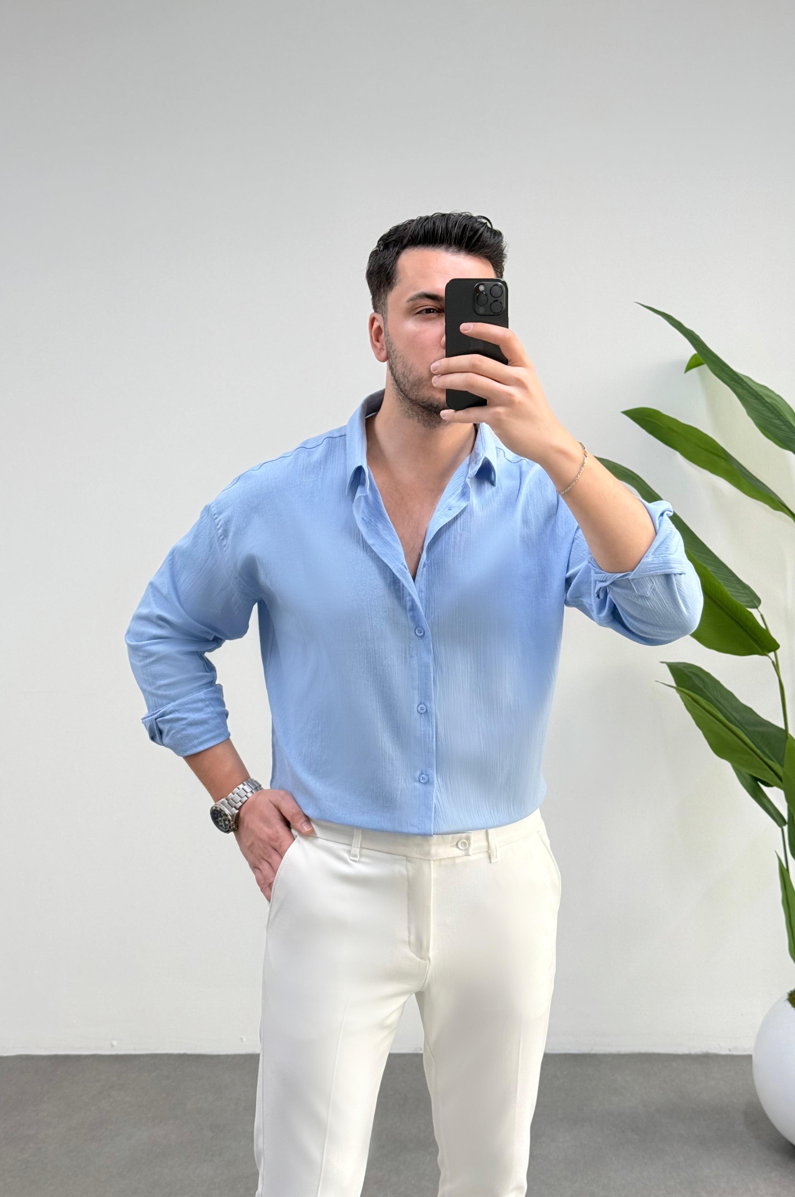 Kırınkıl Buz Mavisi Oversize Keten Gömlek 