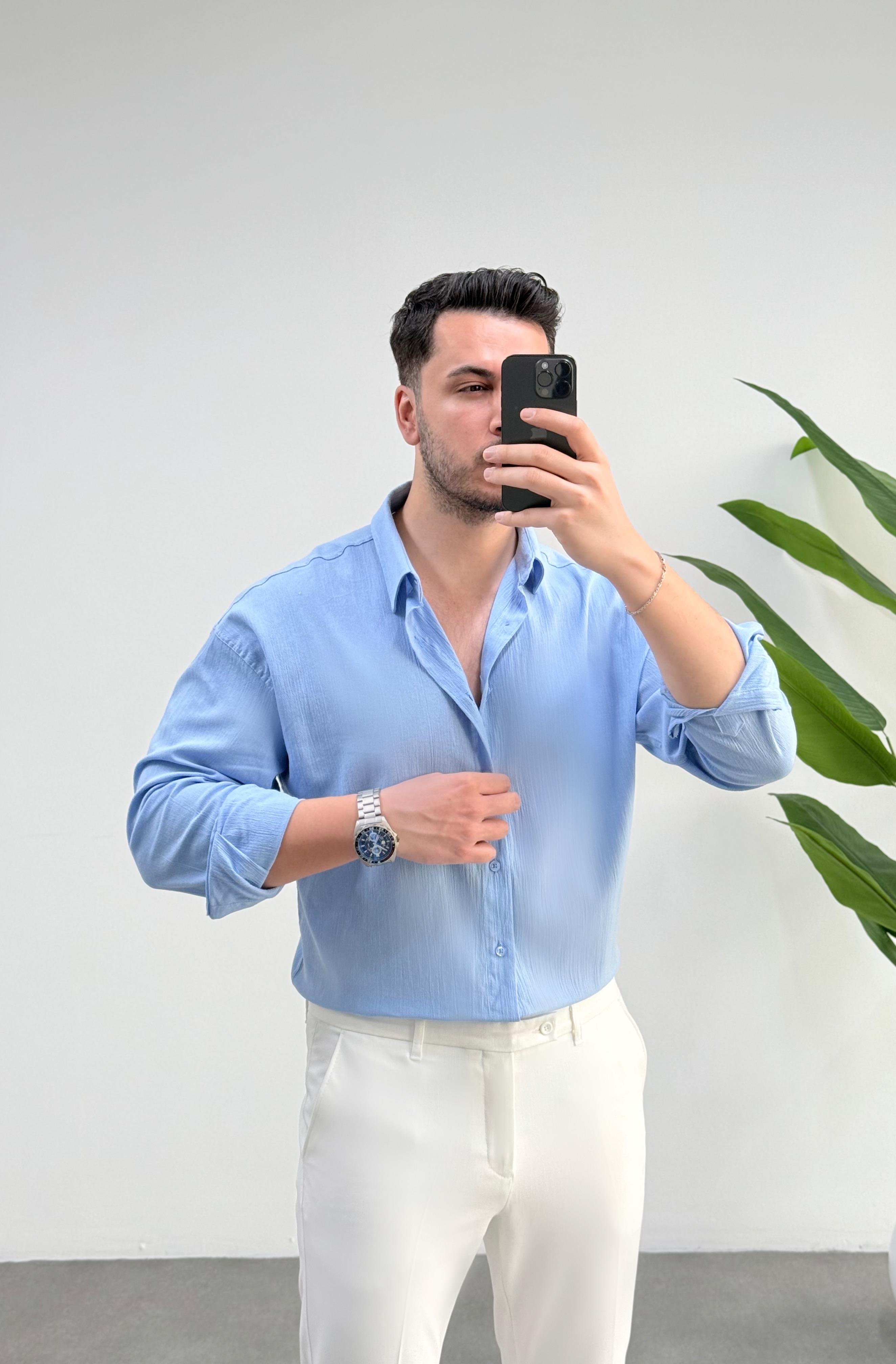 Kırınkıl Buz Mavisi Oversize Keten Gömlek 