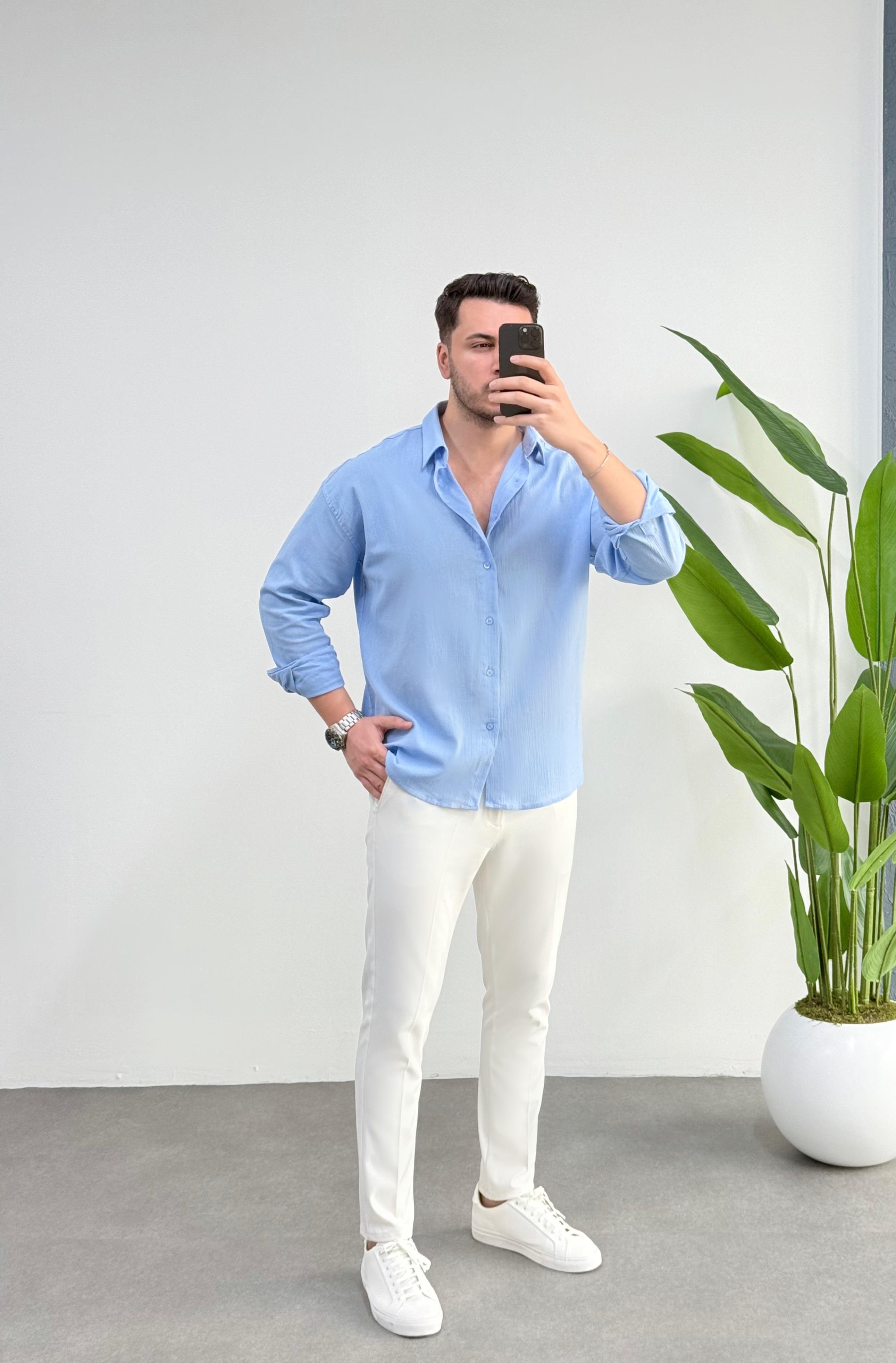 Kırınkıl Buz Mavisi Oversize Keten Gömlek 