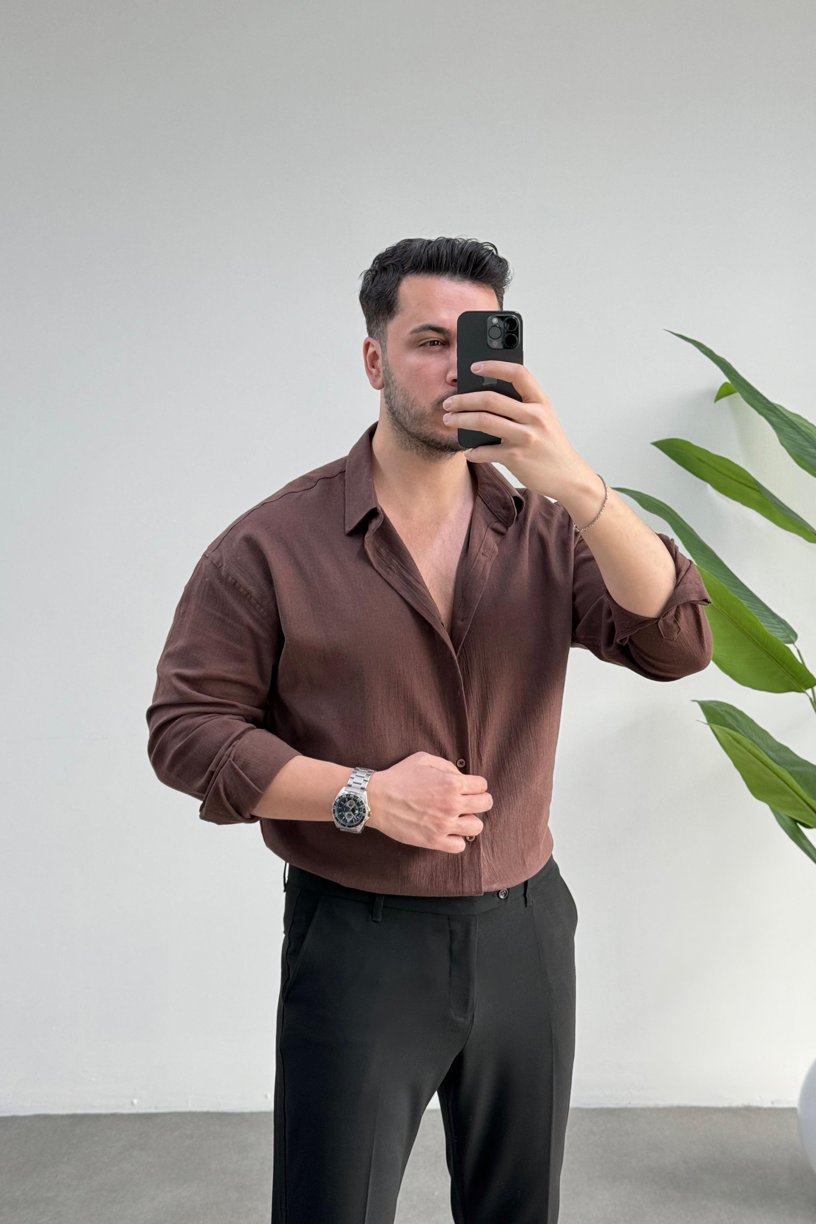 Kırınkıl Kahve Oversize Keten Gömlek