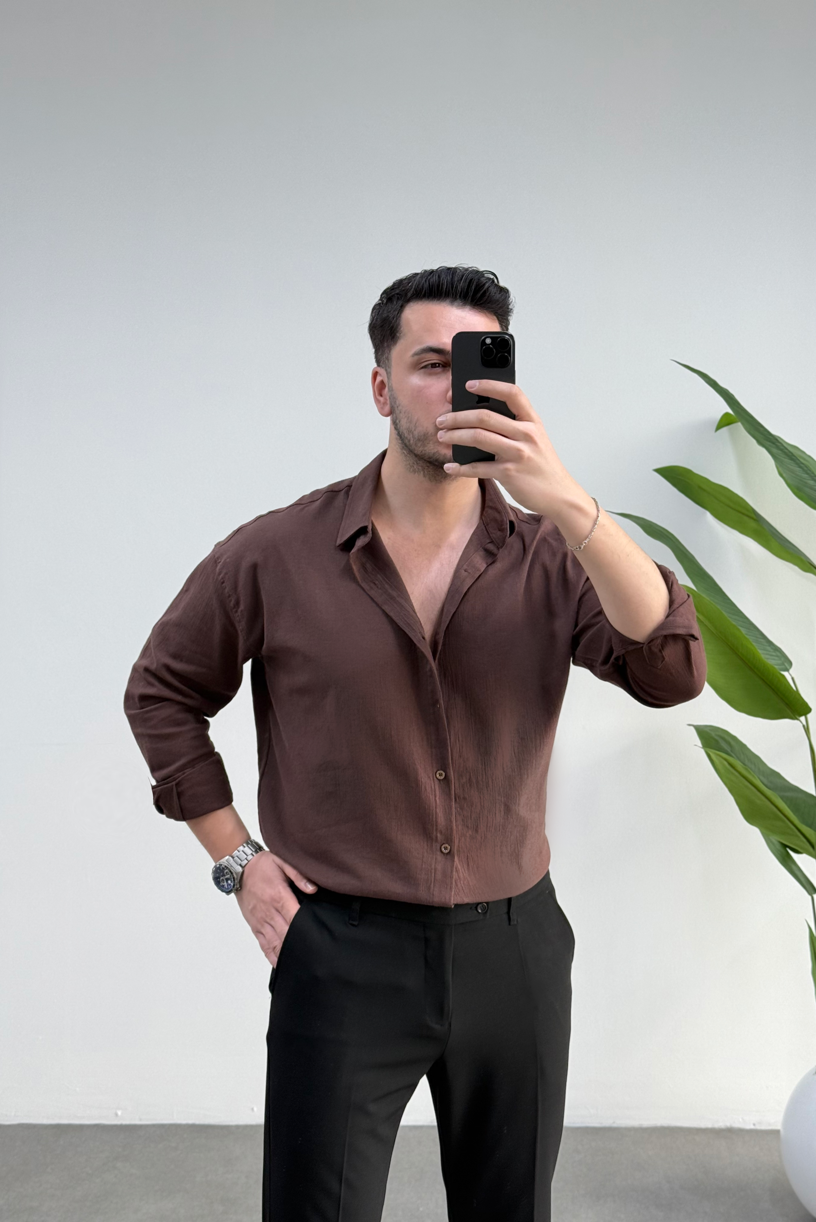 Kırınkıl Kahve Oversize Keten Gömlek