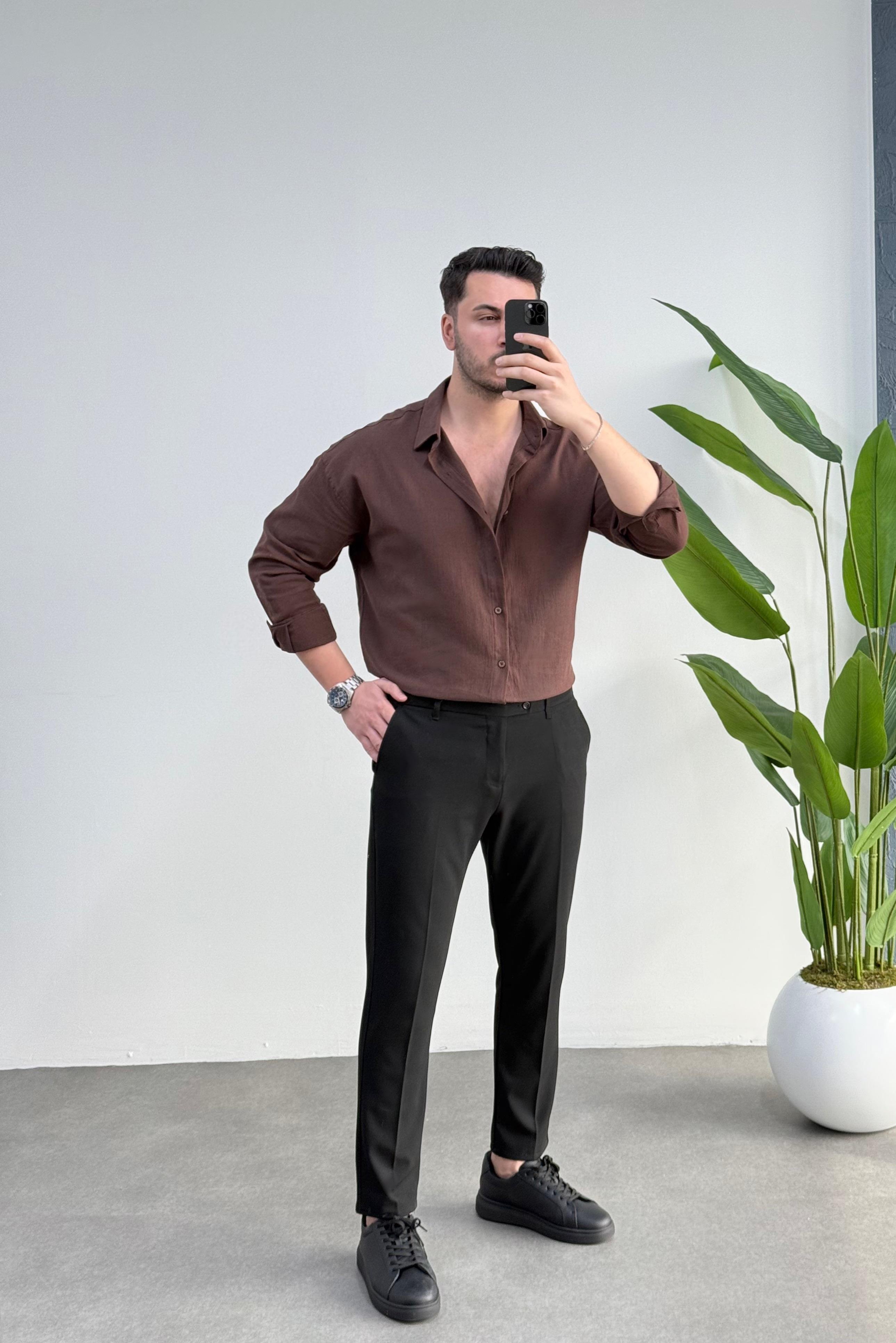 Kırınkıl Kahve Oversize Keten Gömlek