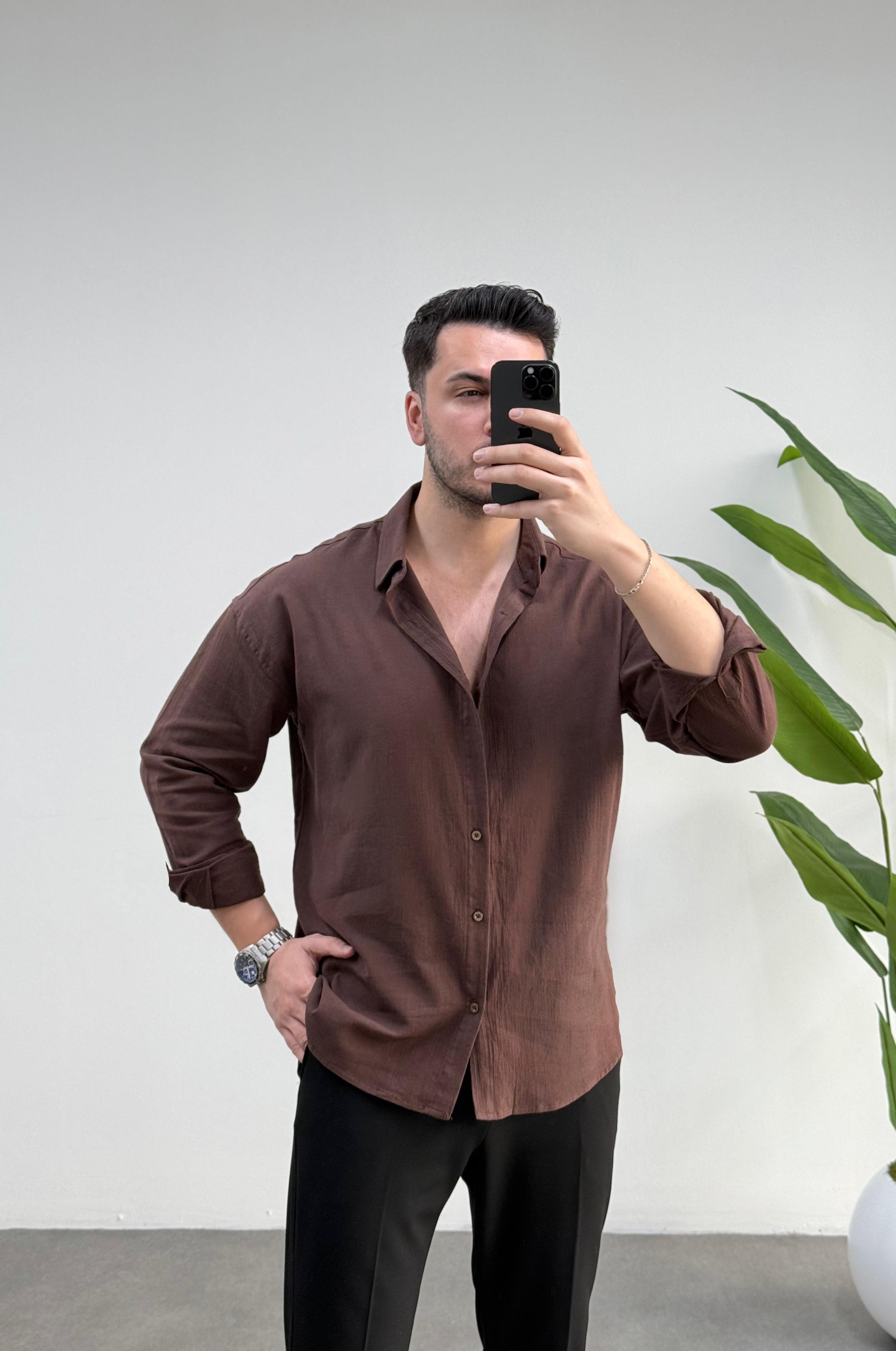 Kırınkıl Kahve Oversize Keten Gömlek