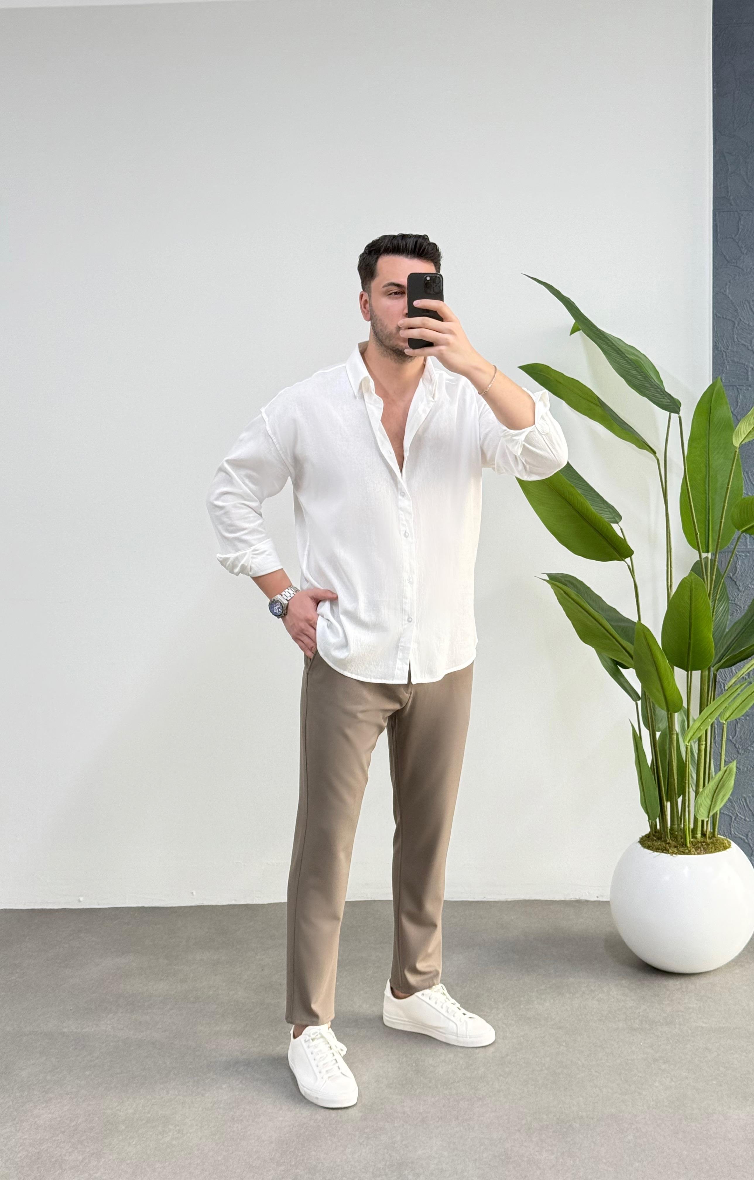 Kırınkıl Kırık Beyaz Oversize Keten Gömlek
