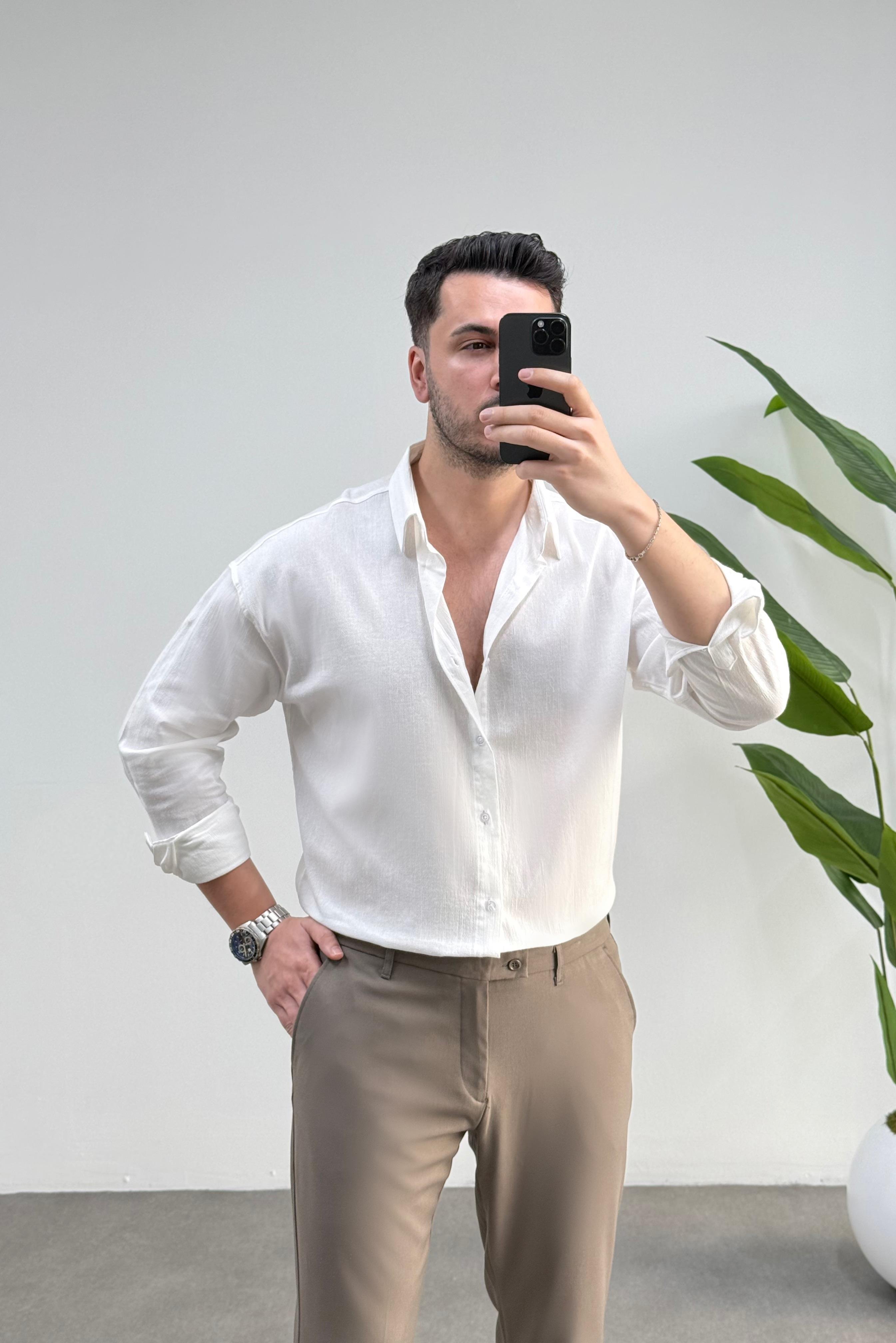 Kırınkıl Kırık Beyaz Oversize Keten Gömlek