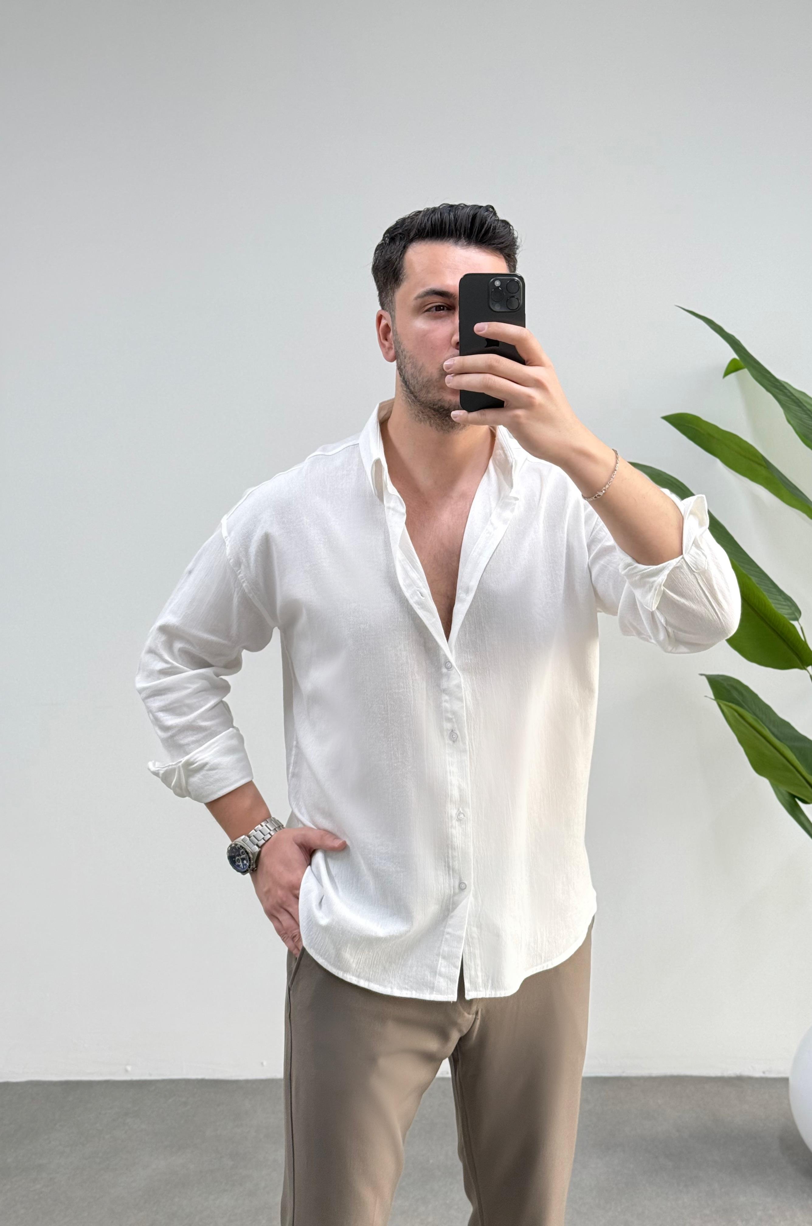 Kırınkıl Kırık Beyaz Oversize Keten Gömlek