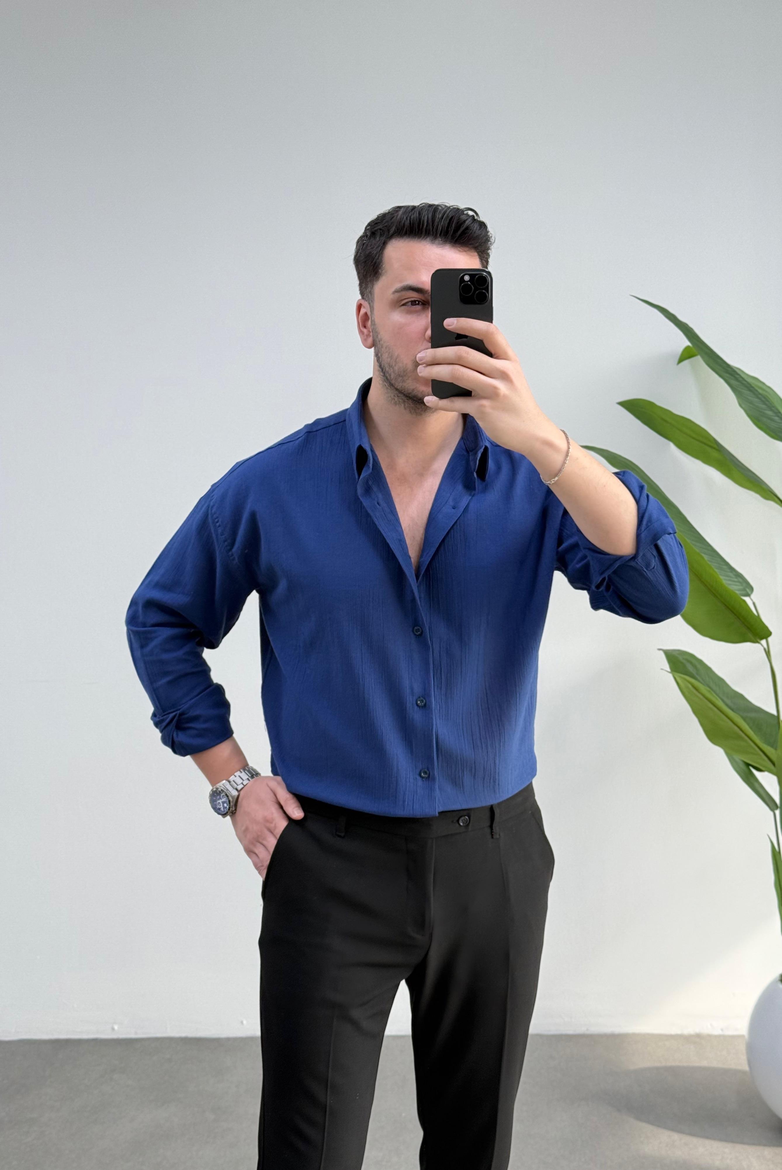 Kırınkıl Lacivert Oversize Keten Gömlek