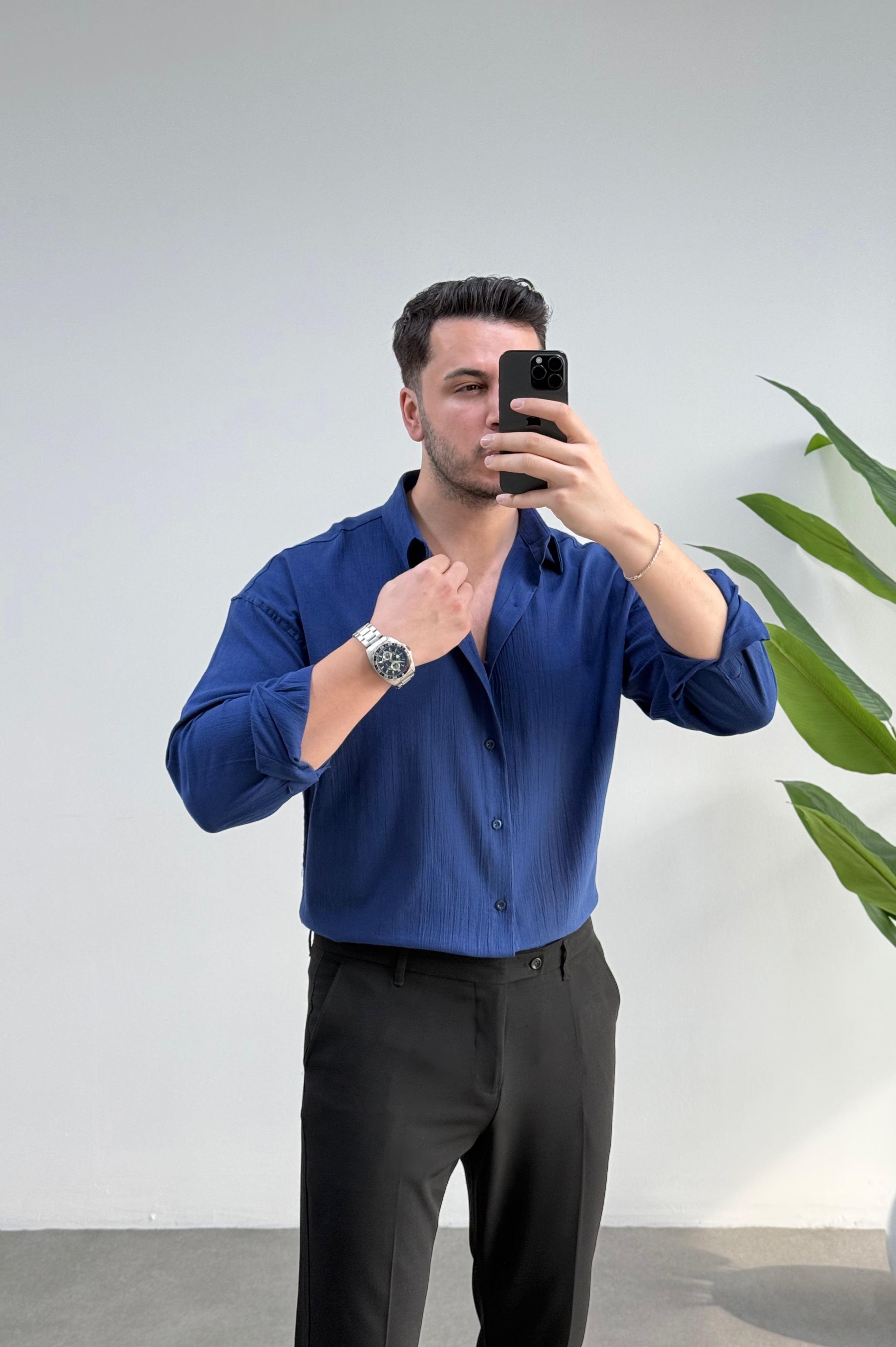 Kırınkıl Lacivert Oversize Keten Gömlek