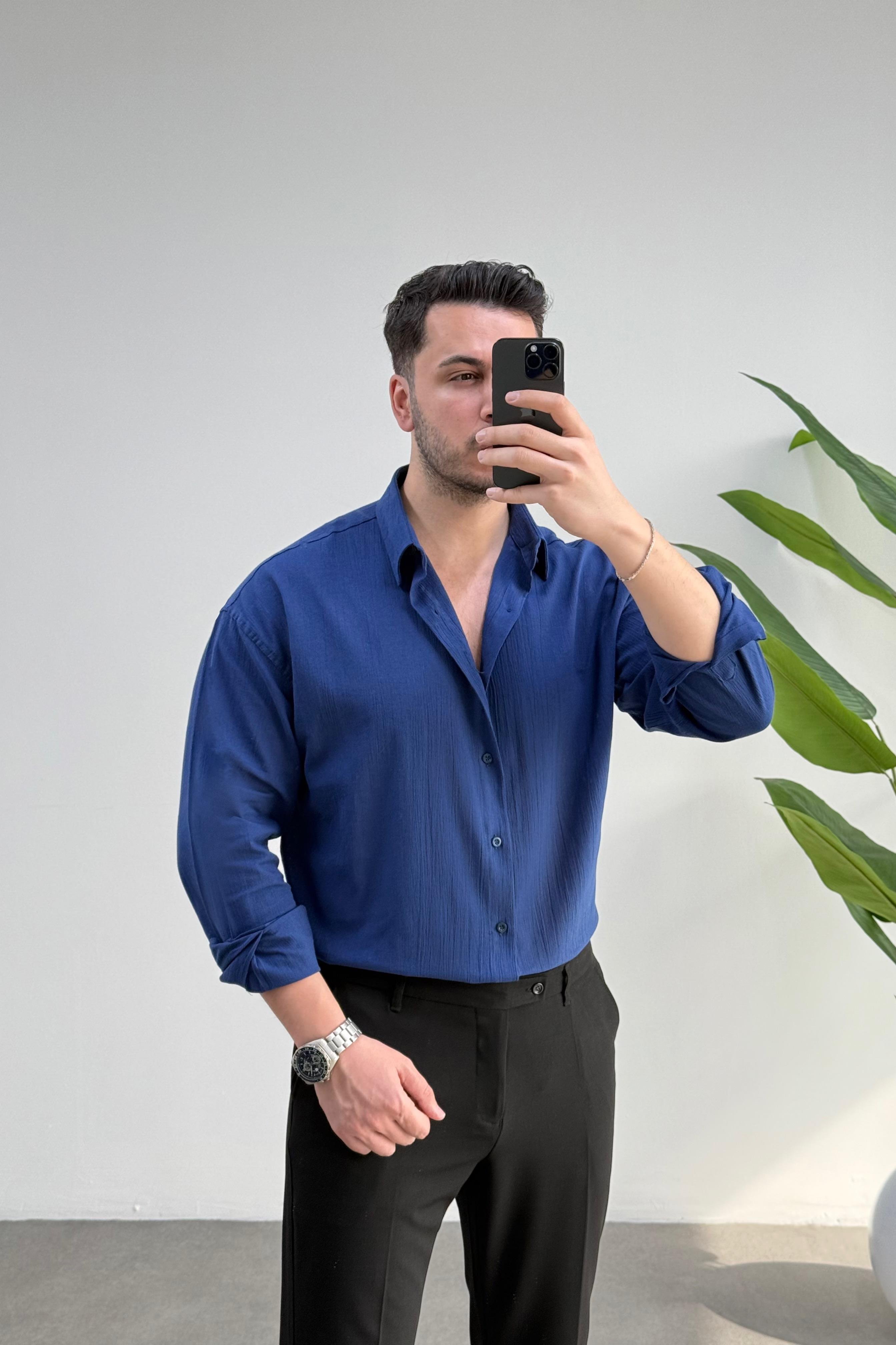 Kırınkıl Lacivert Oversize Keten Gömlek