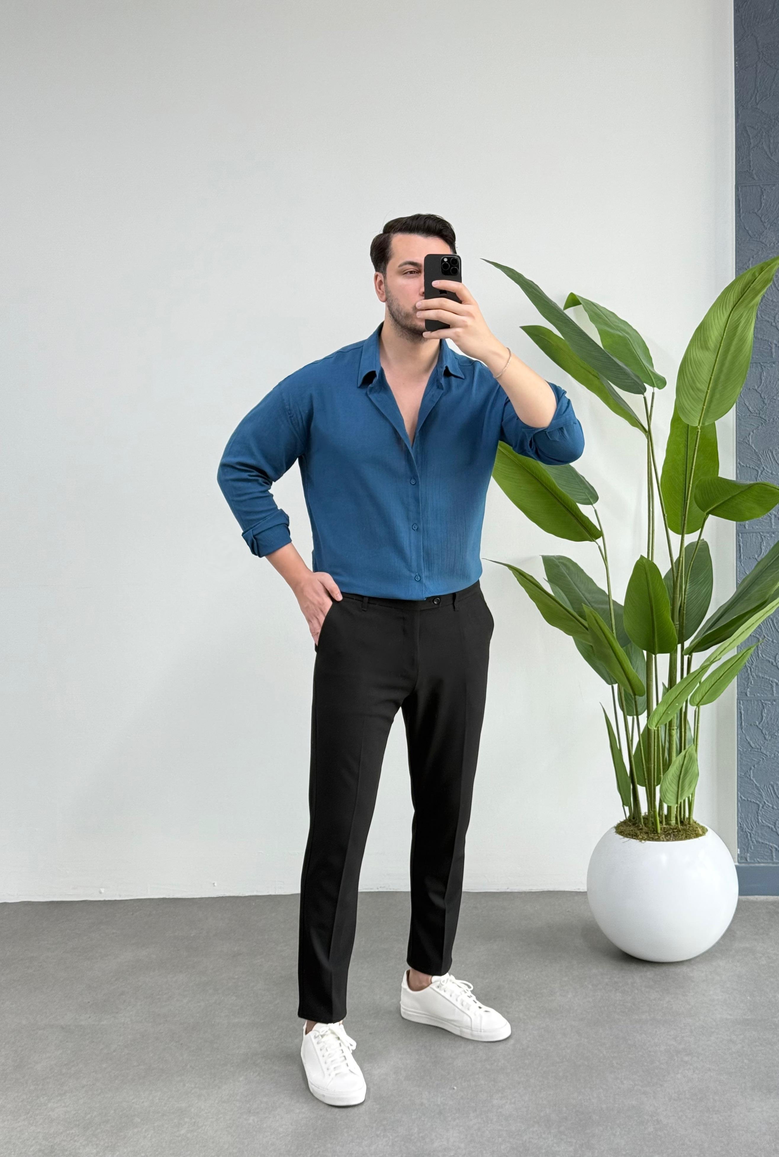 Kırınkıl Petrol Oversize Keten Gömlek 