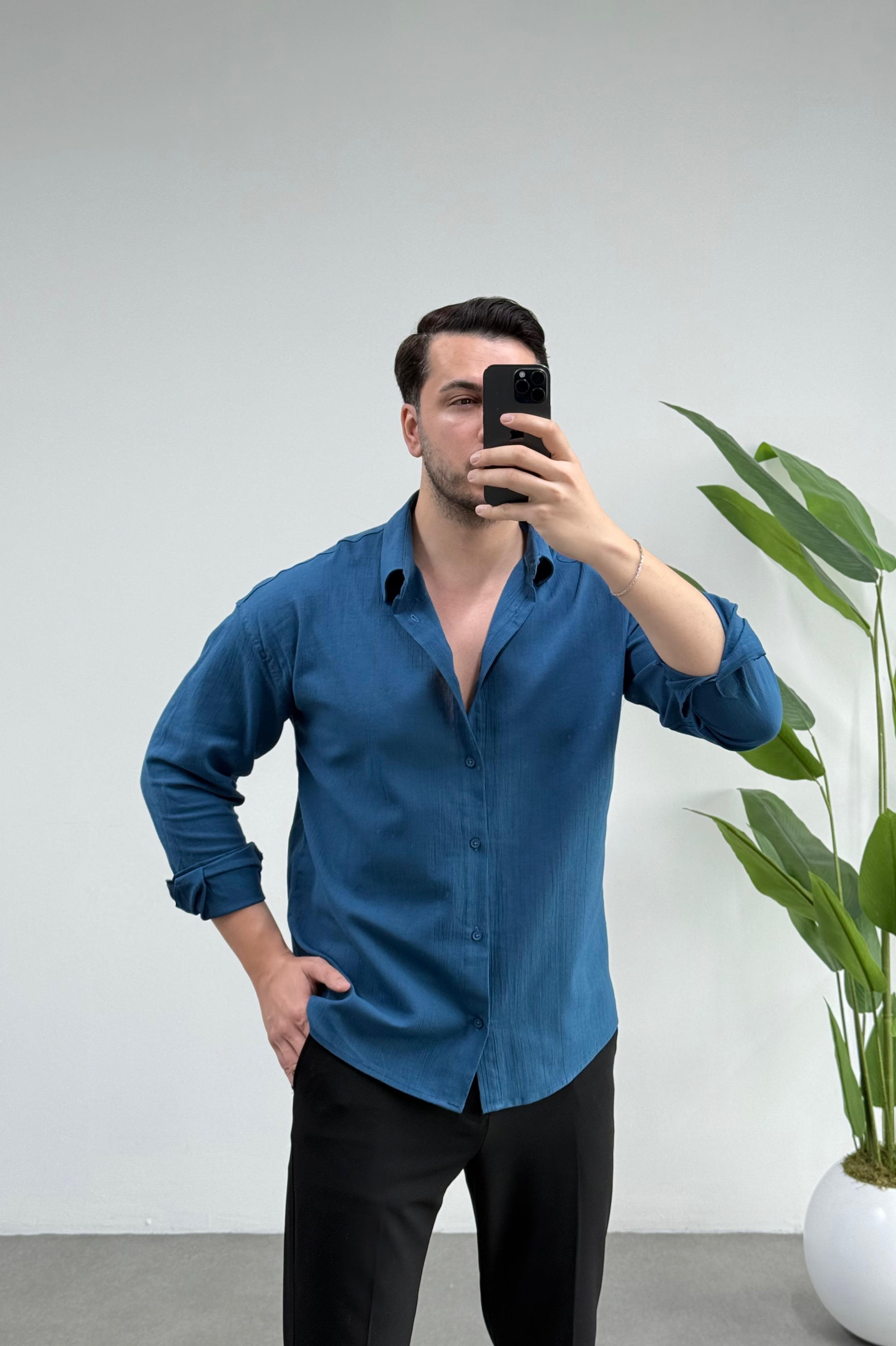 Kırınkıl Petrol Oversize Keten Gömlek 