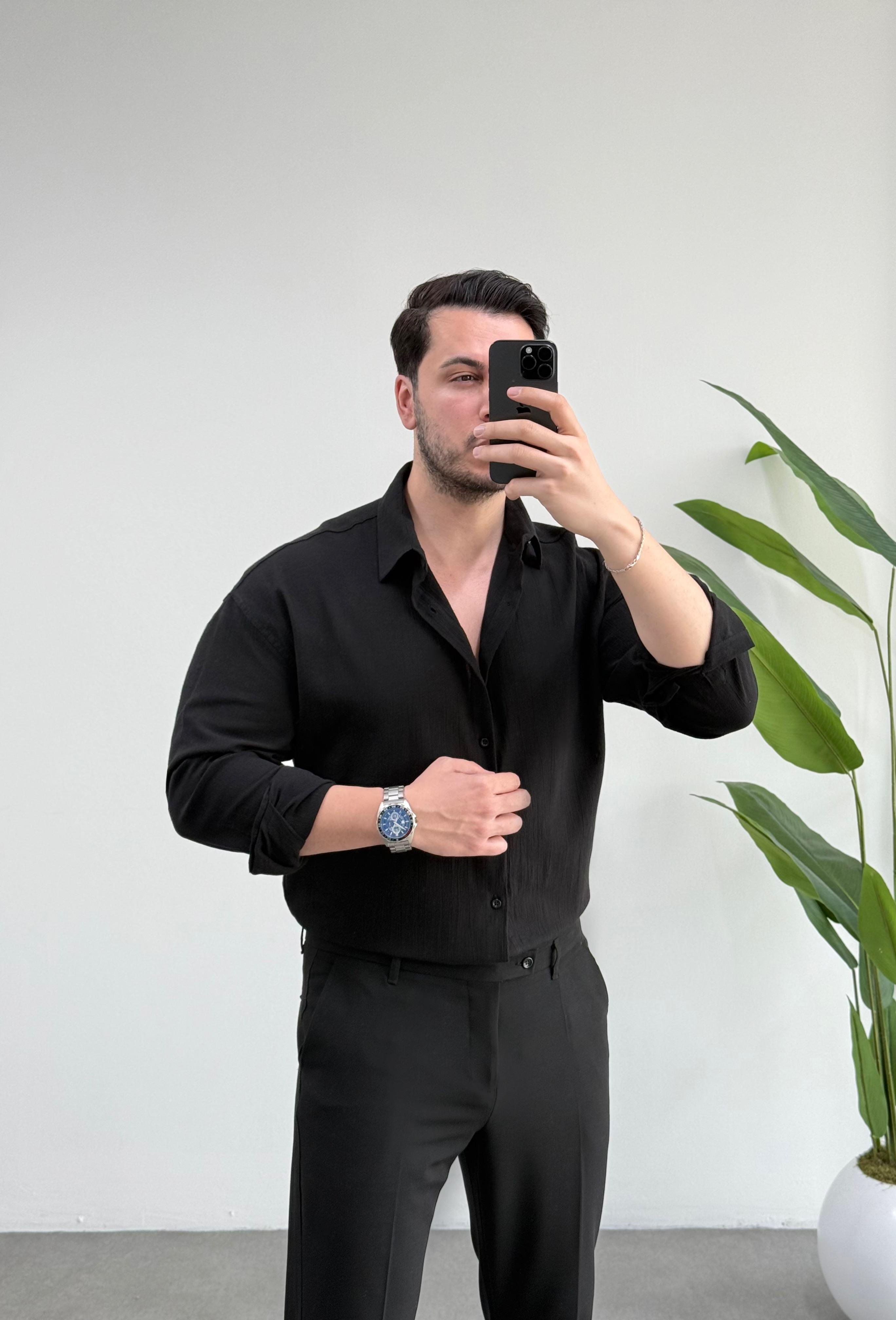 Kırınkıl Siyah Oversize Keten Gömlek 