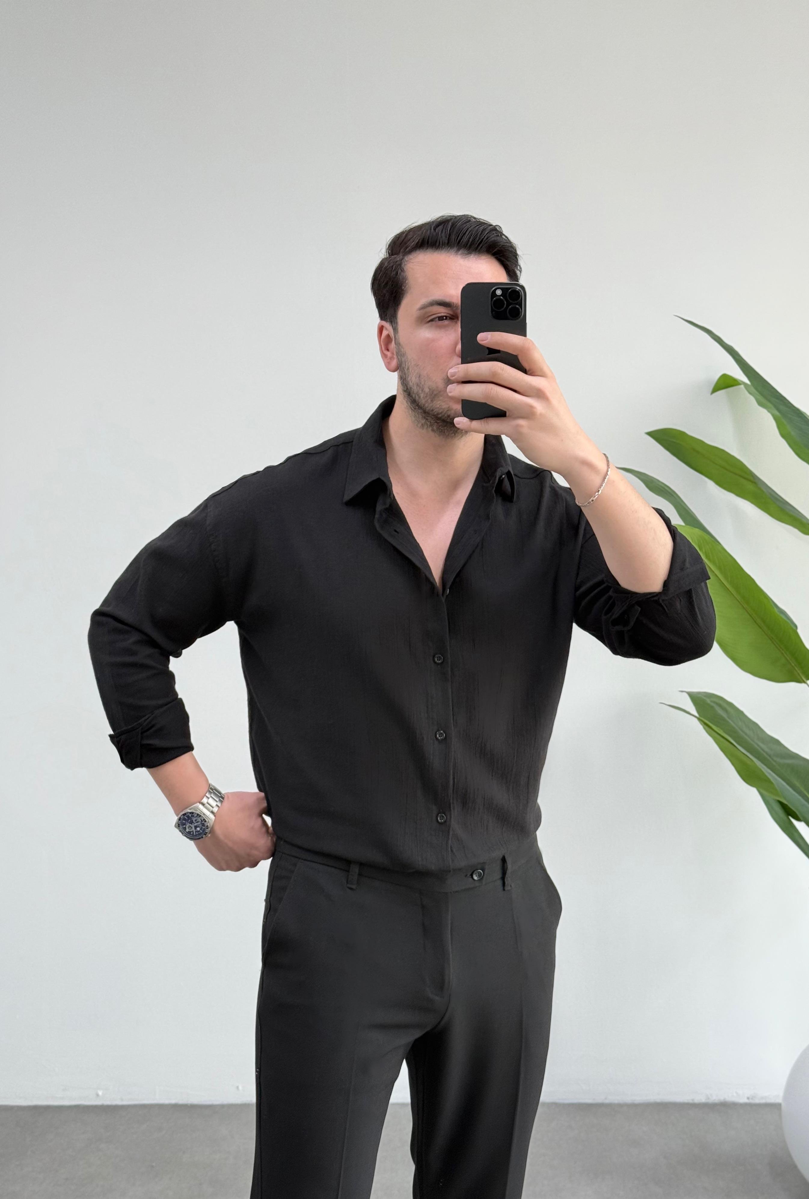 Kırınkıl Siyah Oversize Keten Gömlek 