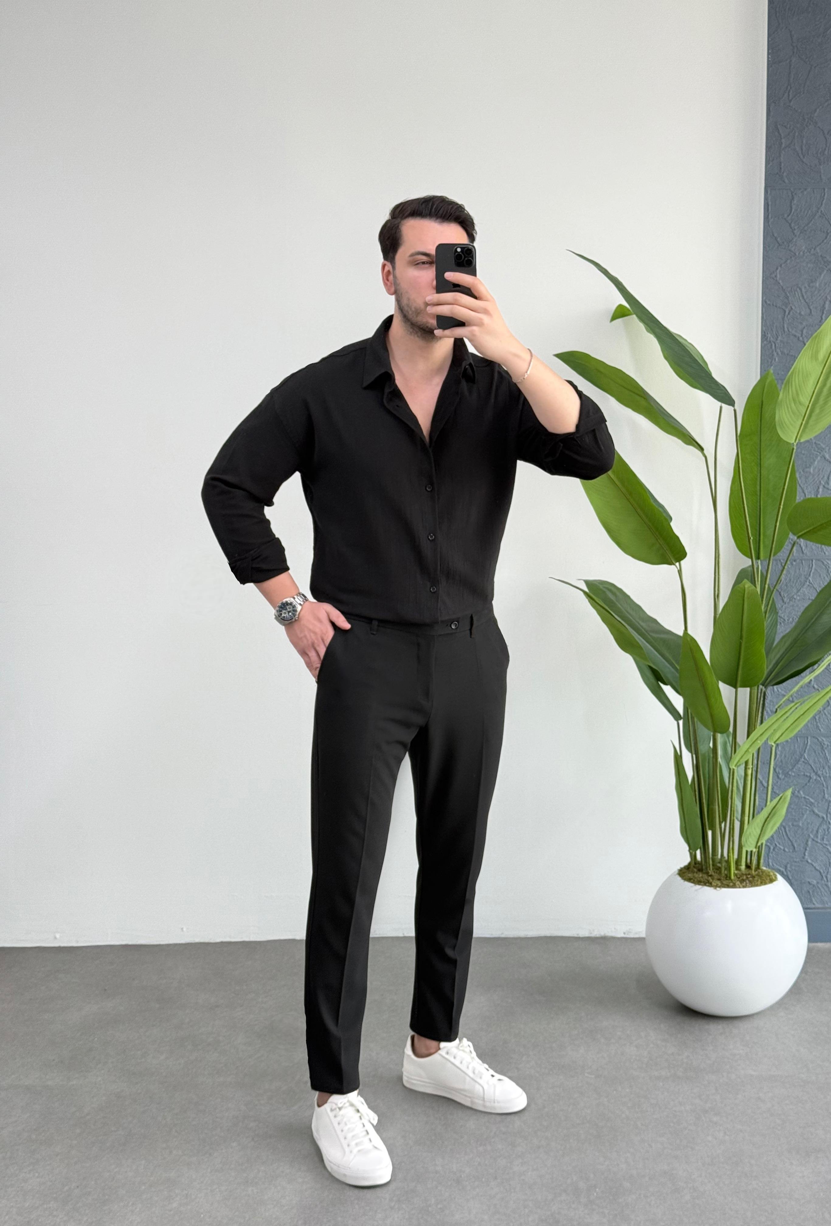 Kırınkıl Siyah Oversize Keten Gömlek 