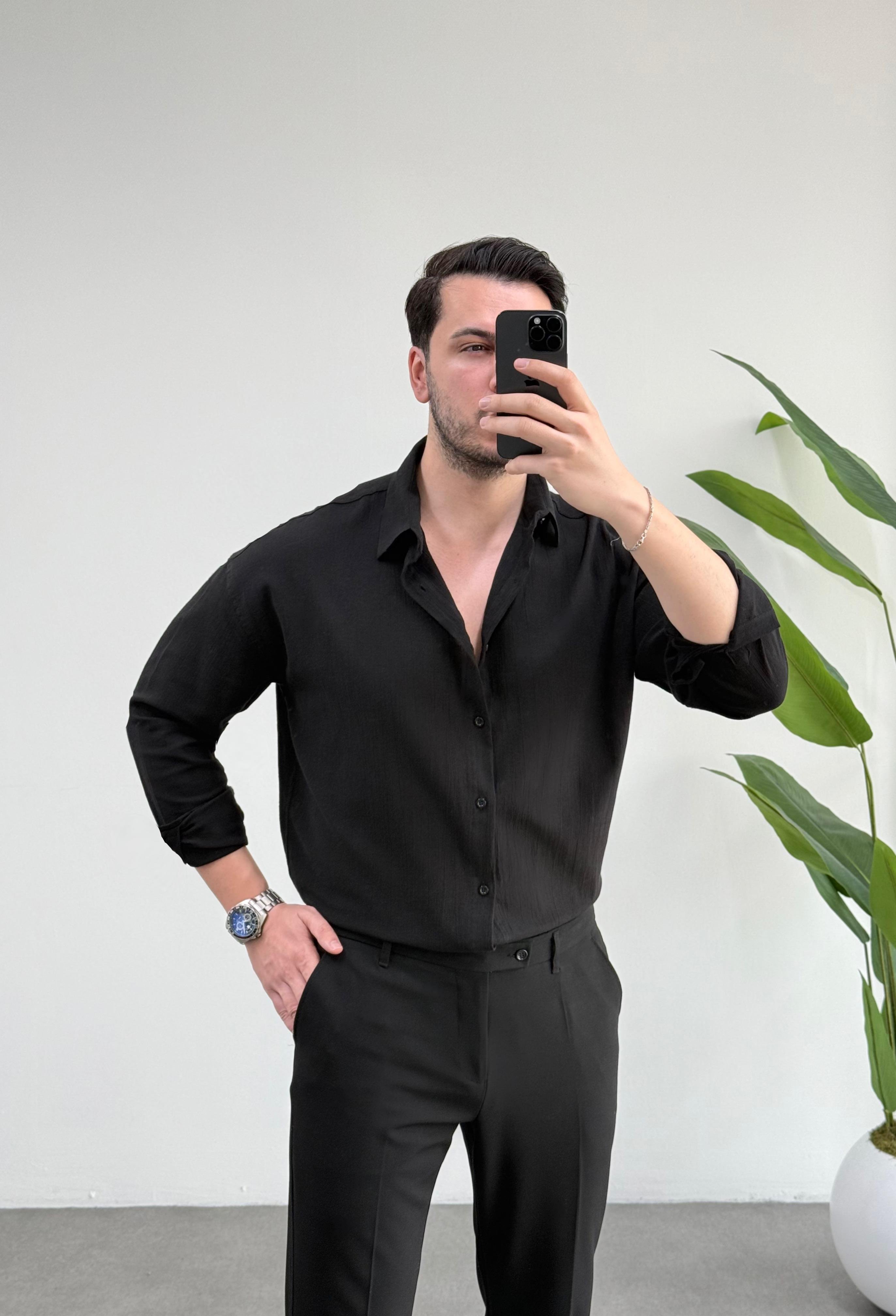 Kırınkıl Siyah Oversize Keten Gömlek 