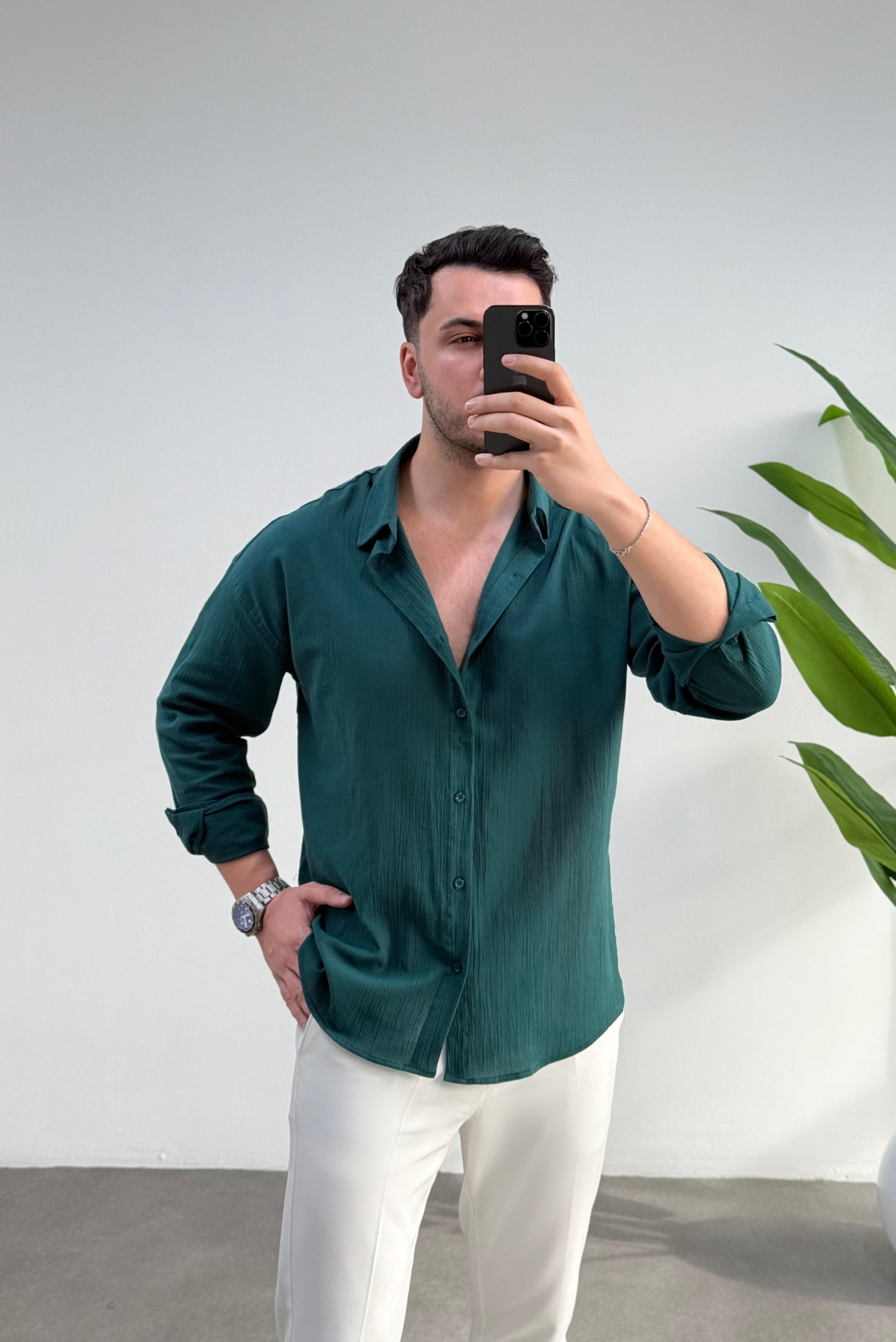 Kırınkıl Zümrüt Oversize Keten Gömlek 